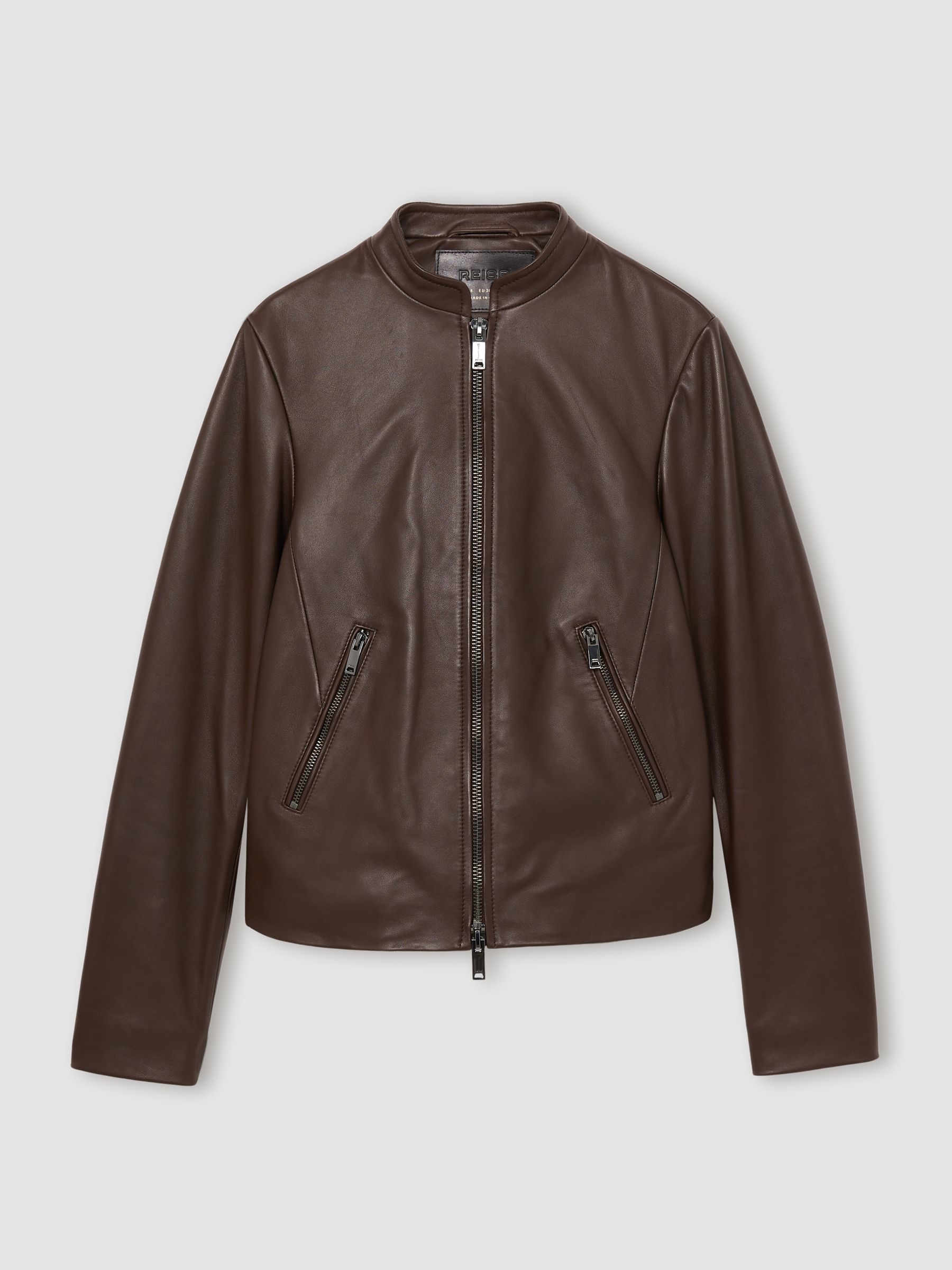 Leather Collarless Biker Jacket in Chocolate Brown