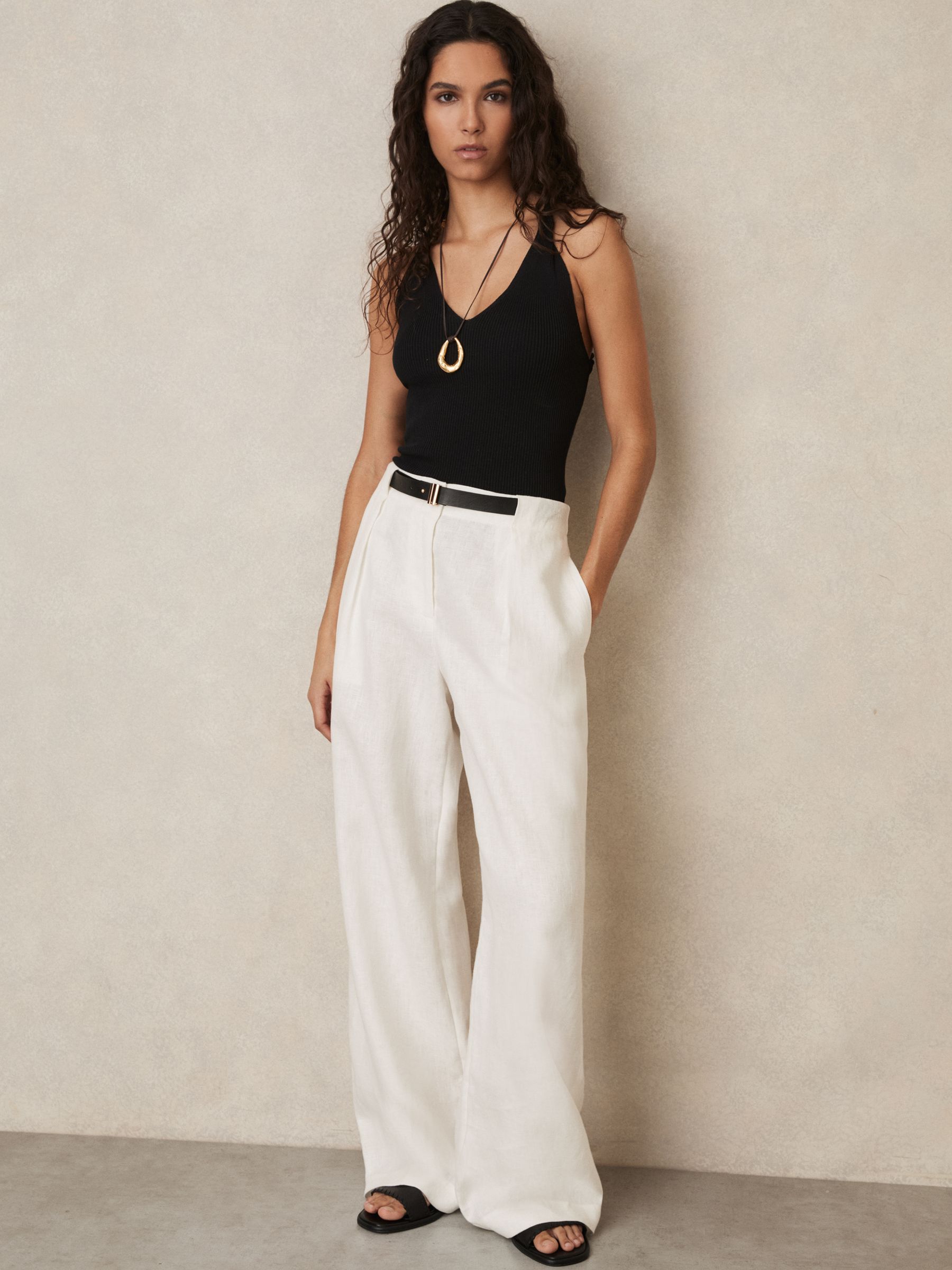 Linen Belted Wide-Leg Trousers in White