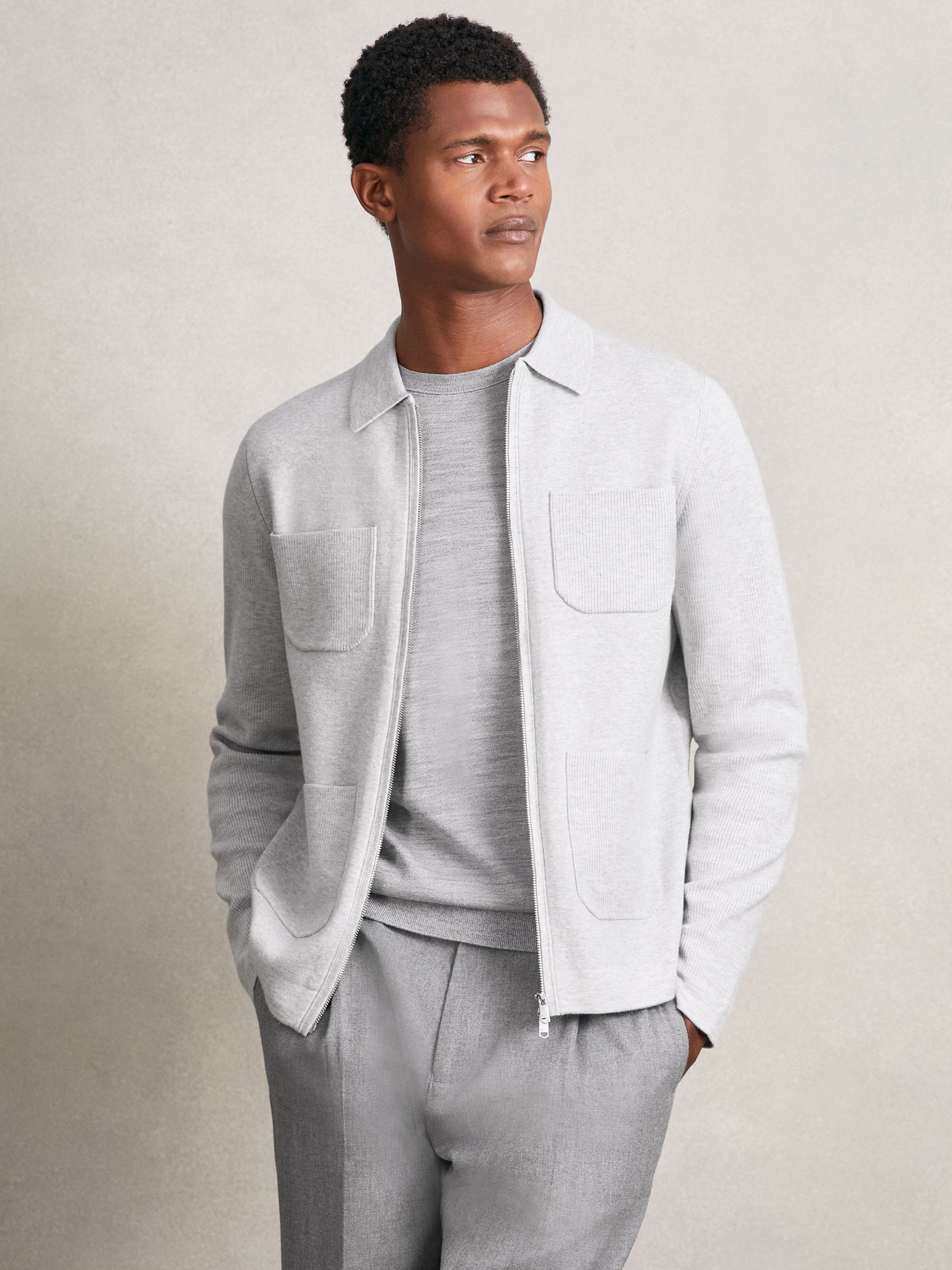 Four-Pocket Zip-Through Cardigan in Soft Grey
