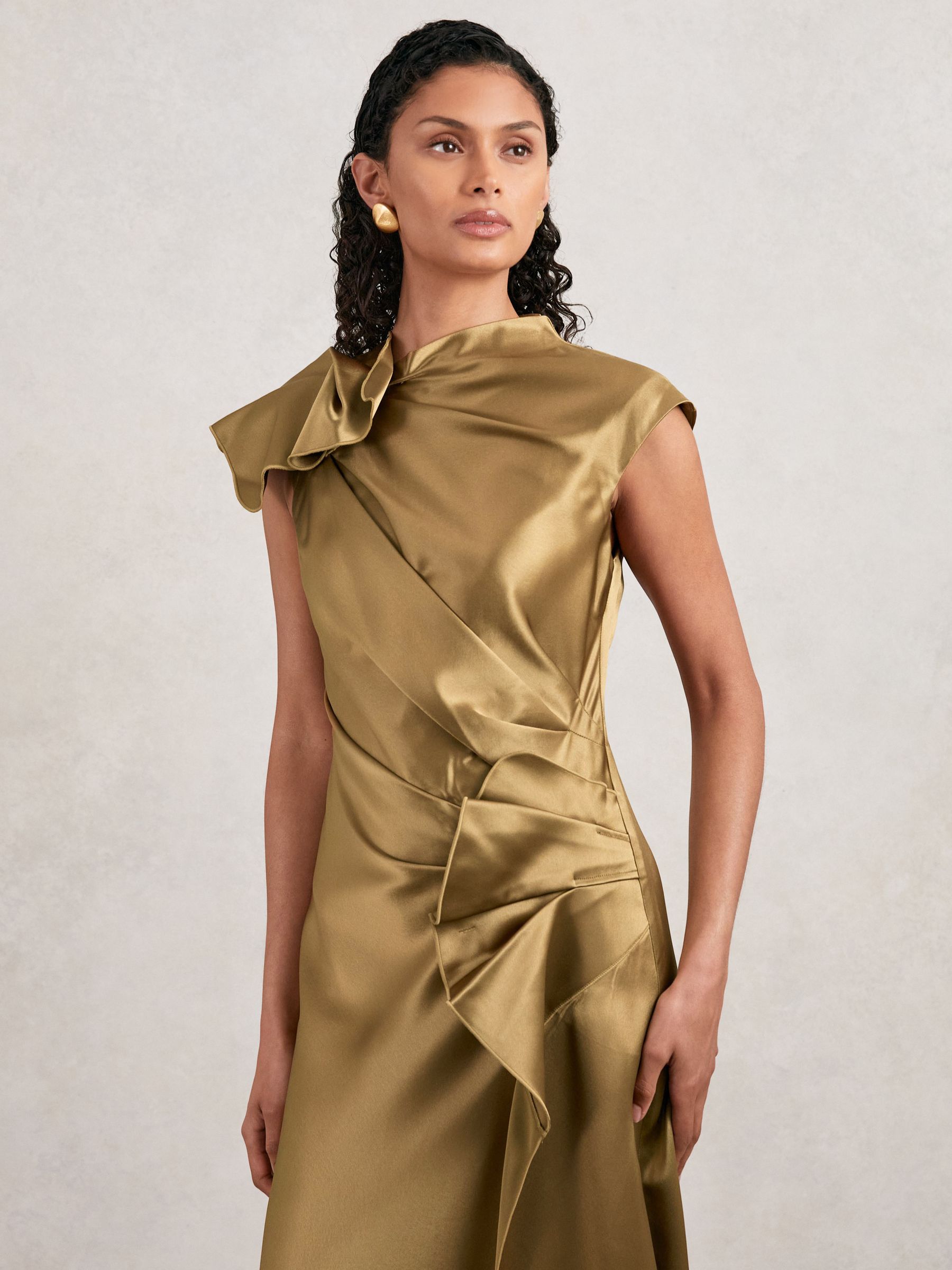 Acler Draped Satin Midi Dress in Gold Moss