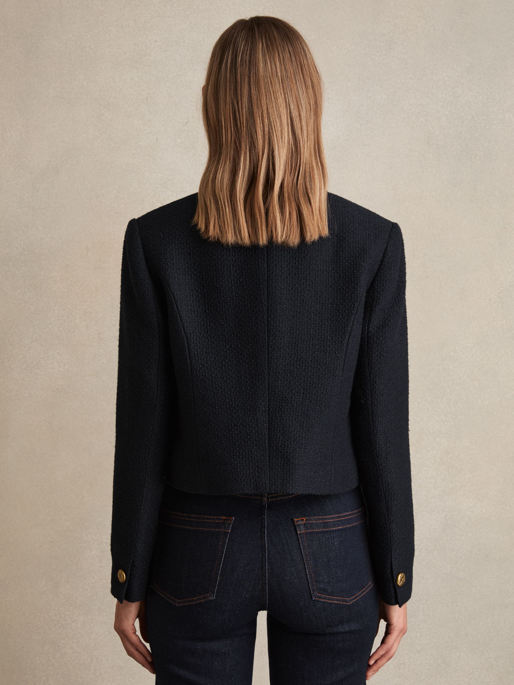Double-Breasted Textured Cropped Blazer with Wool and Cotton in Navy