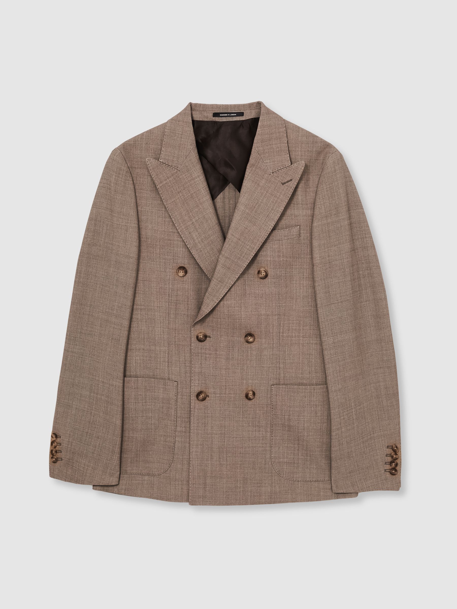 Double-Breasted Textured Suit Blazer With Wool Slim-Fit in Brown