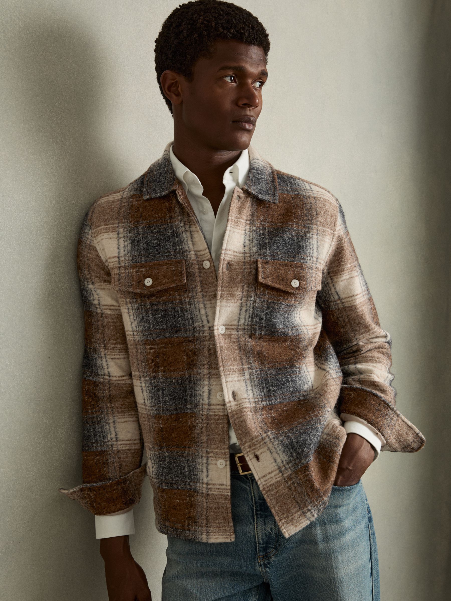 Brushed Check Fleece-Lined Overshirt in Brown