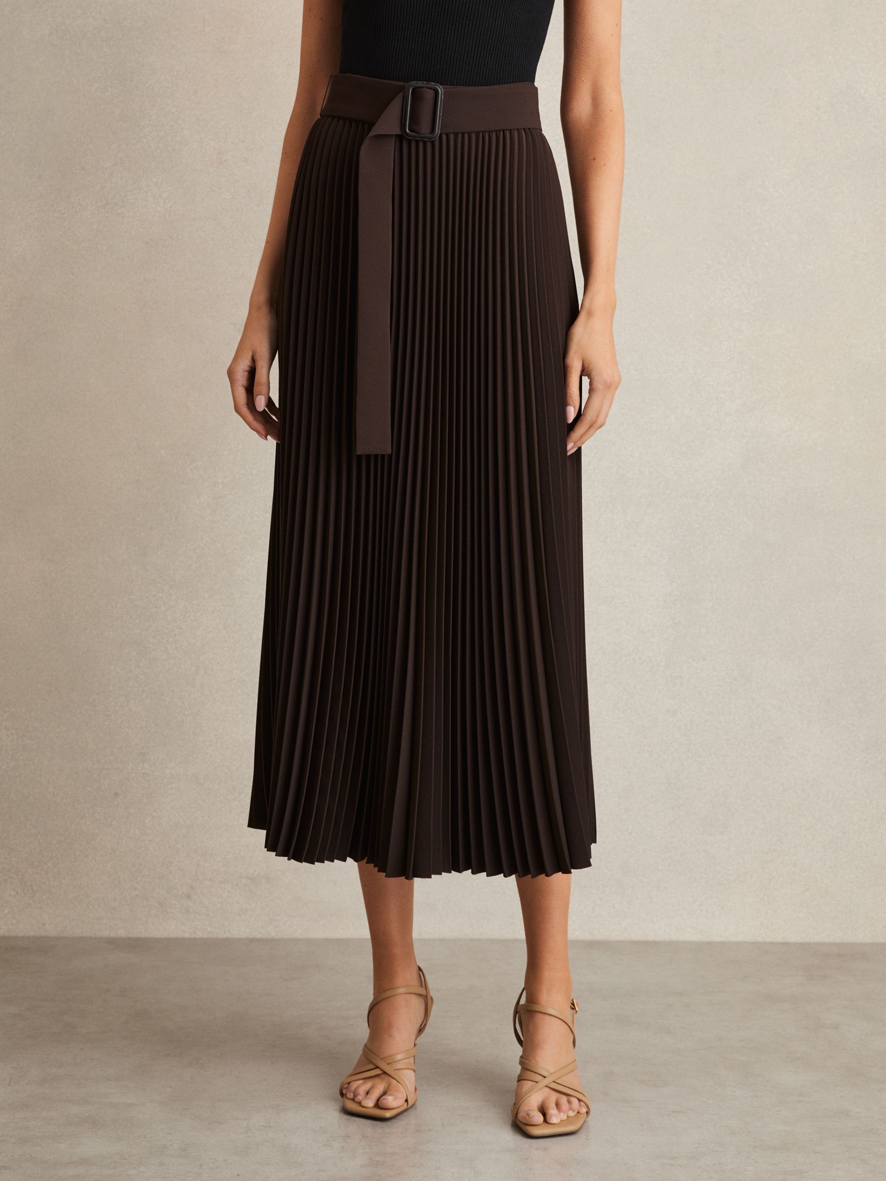 Pleated Belted Midi Skirt in Chocolate Brown
