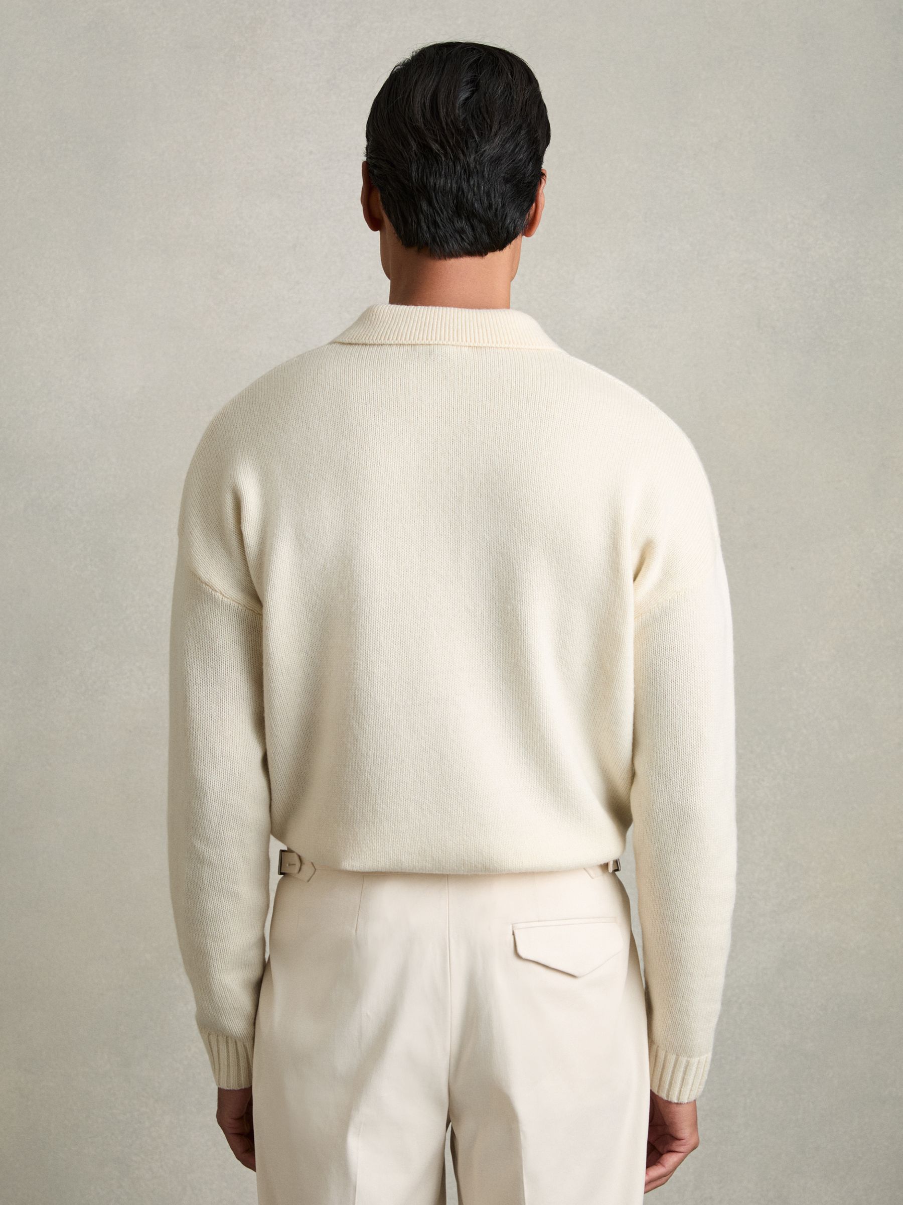Wool Blend Long Sleeve Polo Shirt in Off White