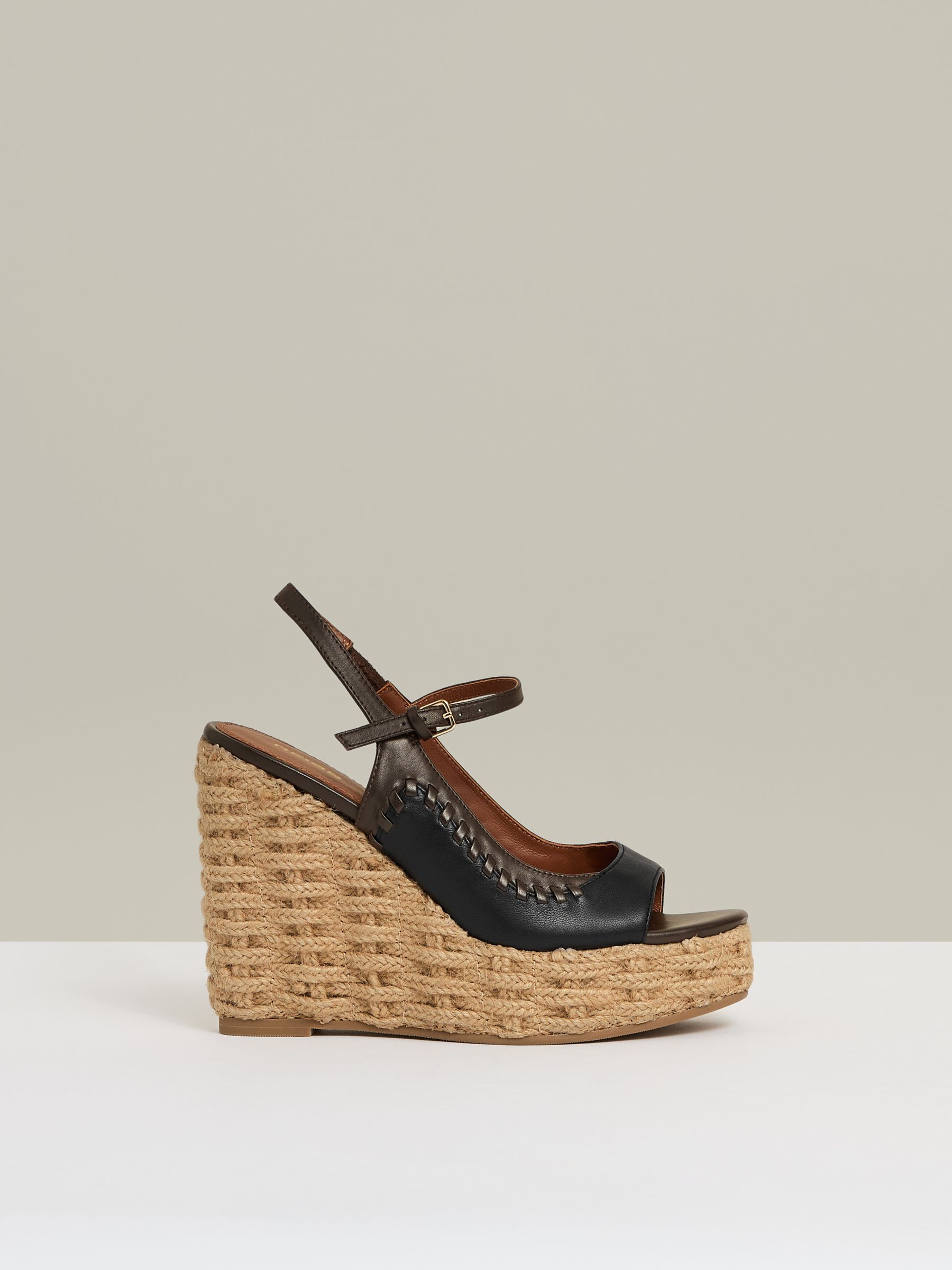 Leather Whipstitch Wedge Sandals in Chocolate/Black
