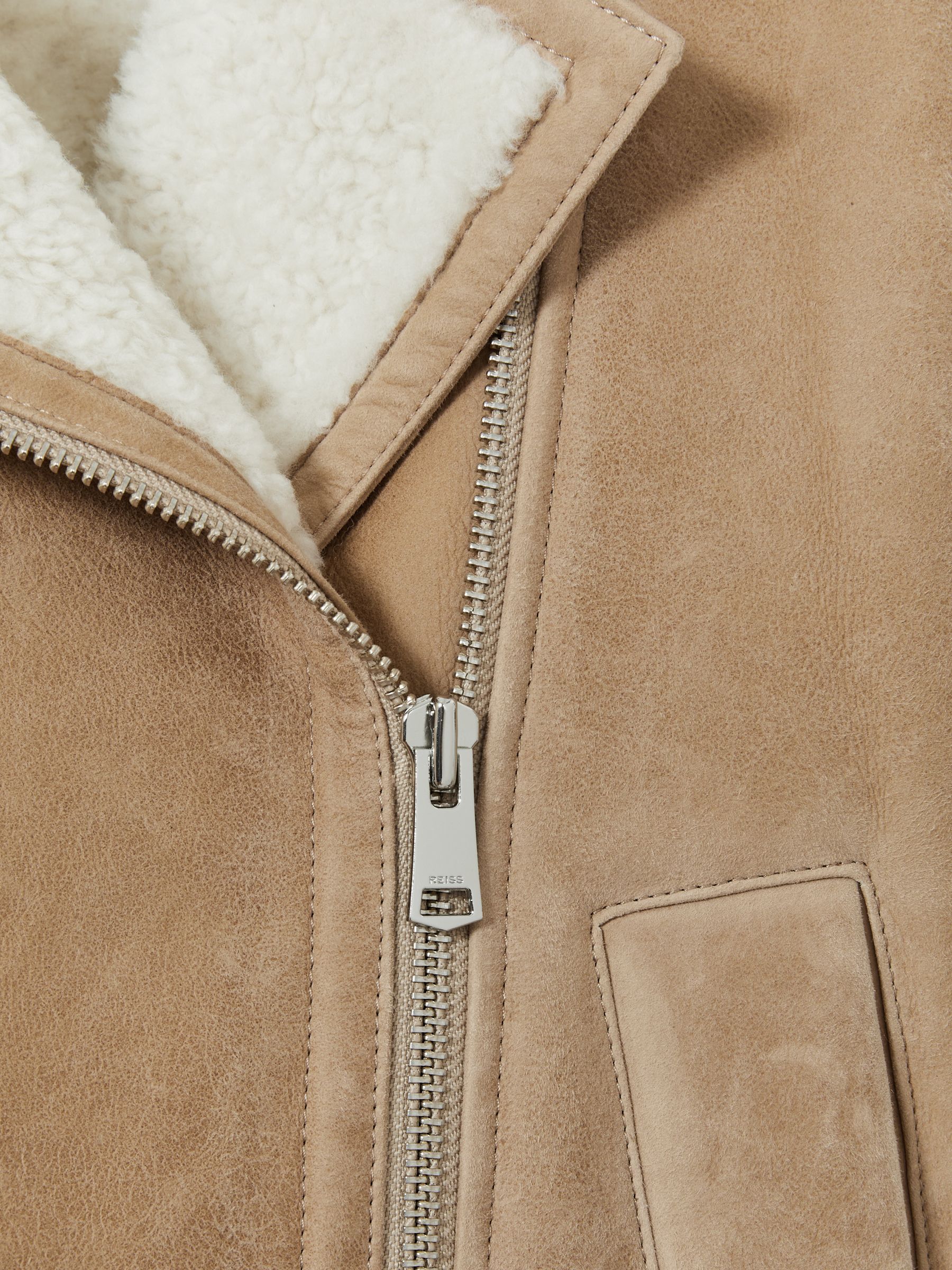 Shearling-Lined Leather Aviator Jacket in Neutral