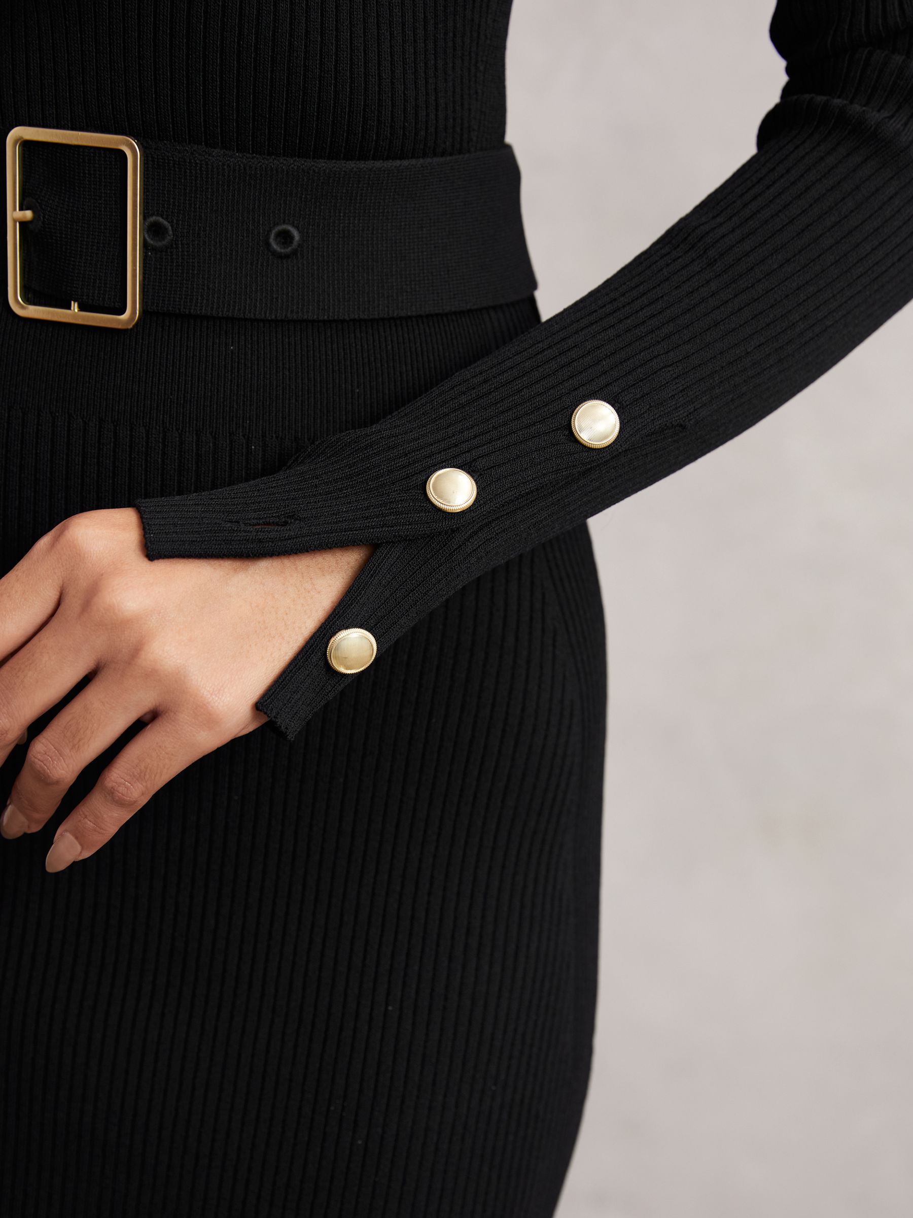 Buttoned Rib-Knit Midi Dress in Black