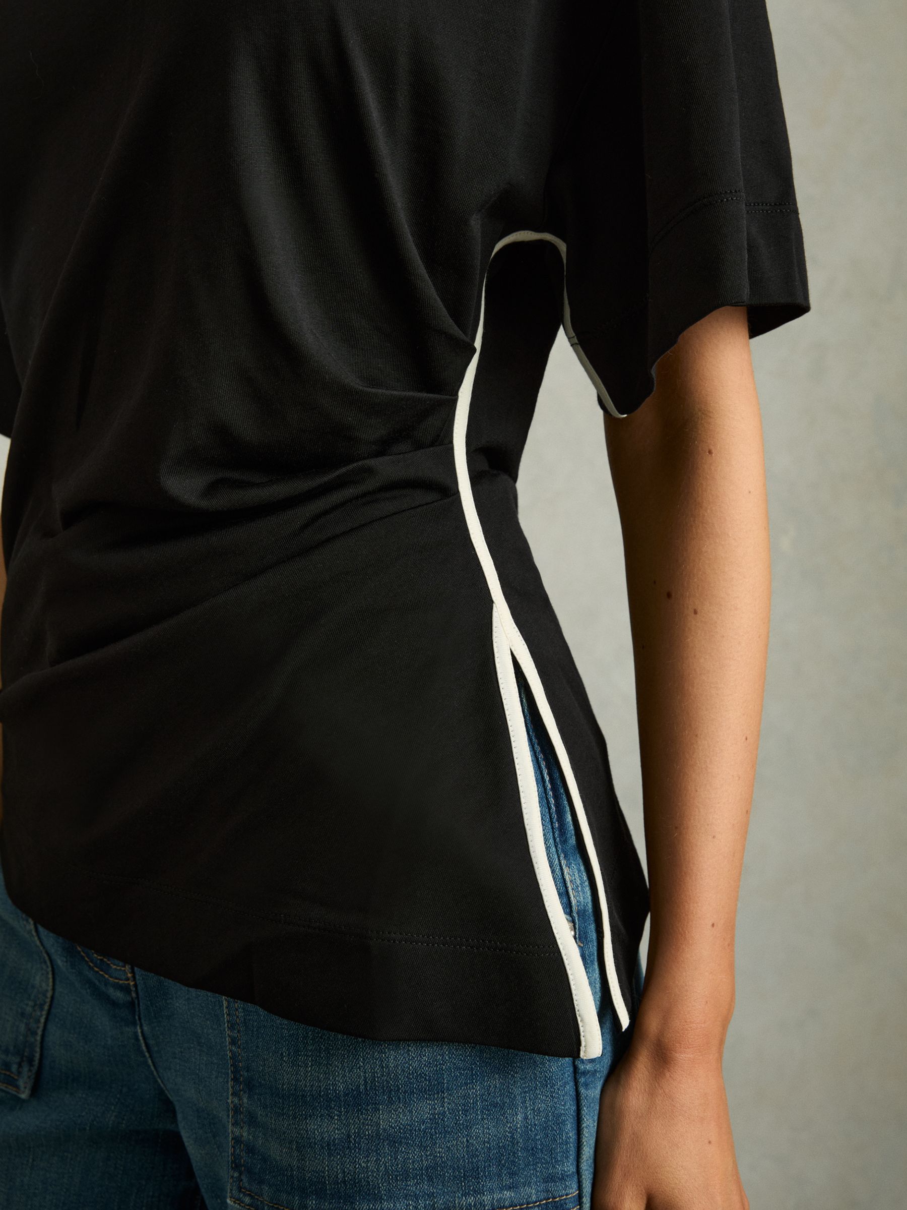 Draped Crew-Neck T-Shirt With Cotton in Cream/Black