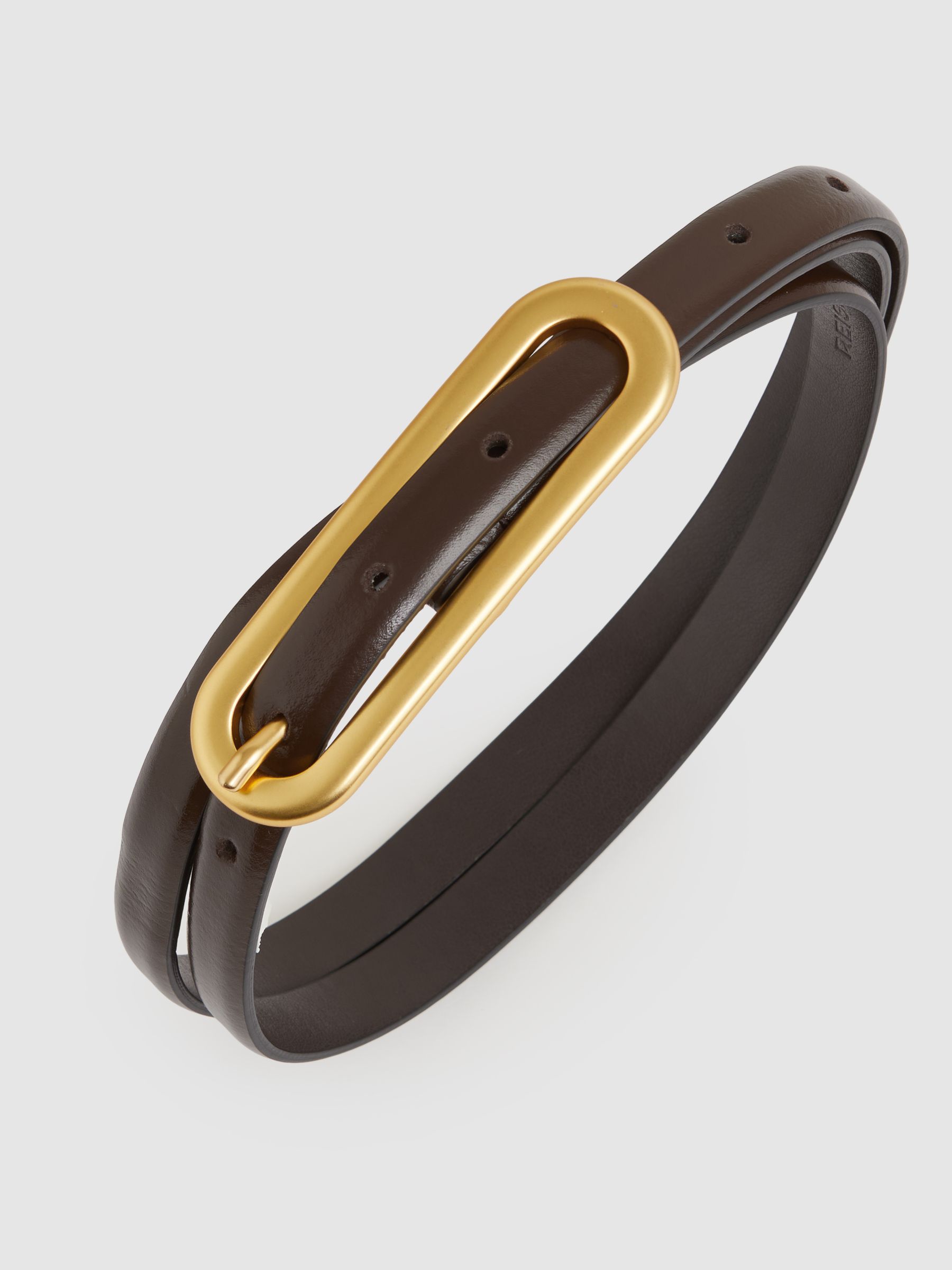 Thin Leather Elongated Buckle Belt in Chocolate