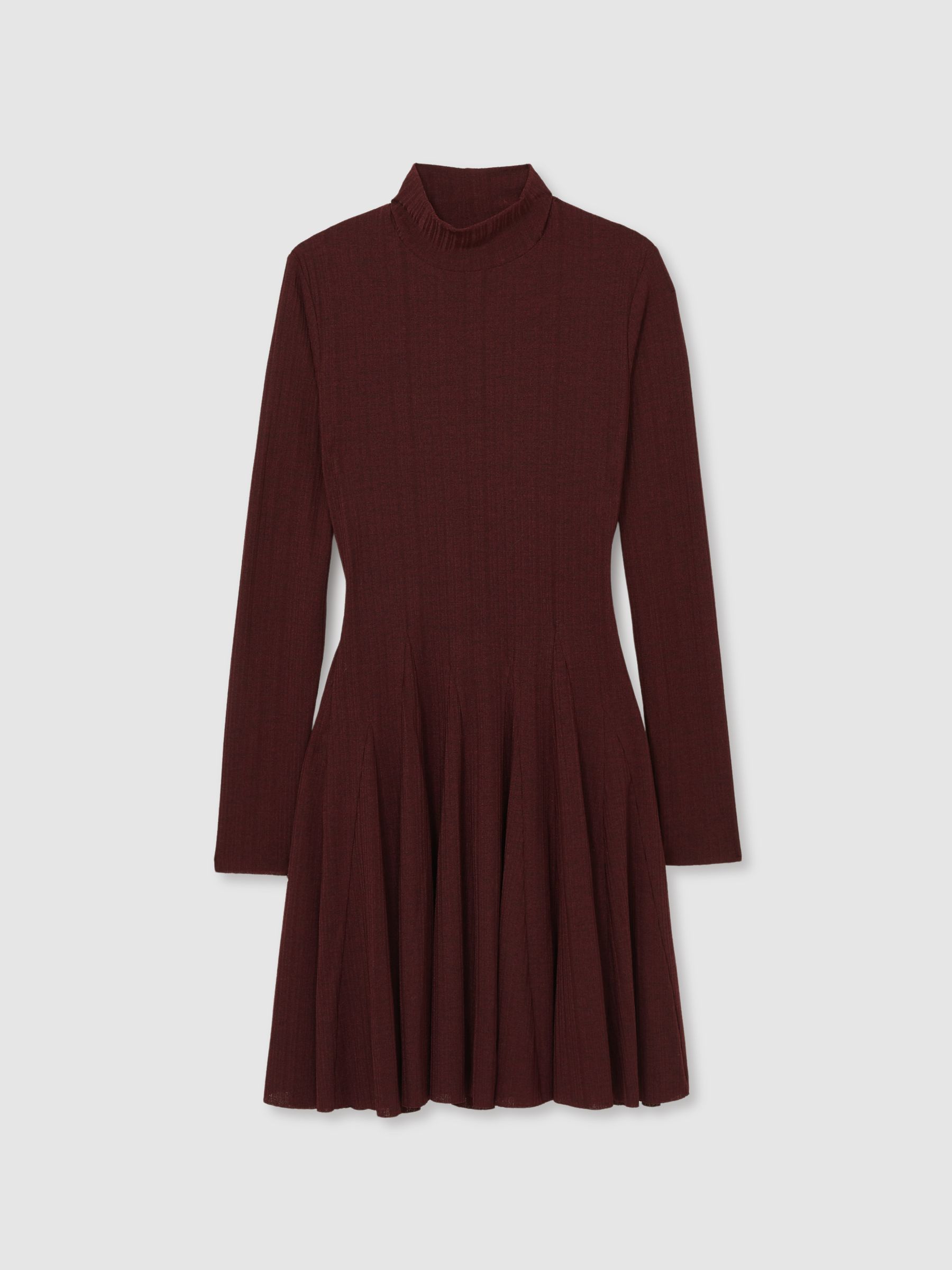Jersey Ribbed Flared Mini Dress in Burgundy