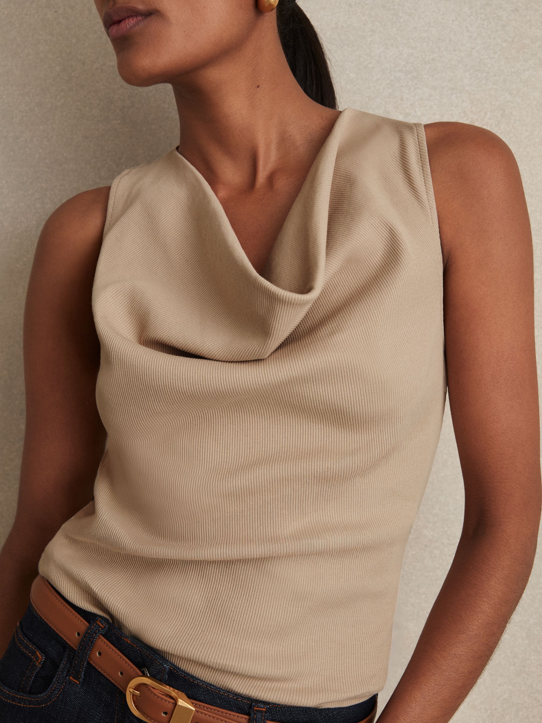 Ribbed Cowl-Neck Vest in Camel