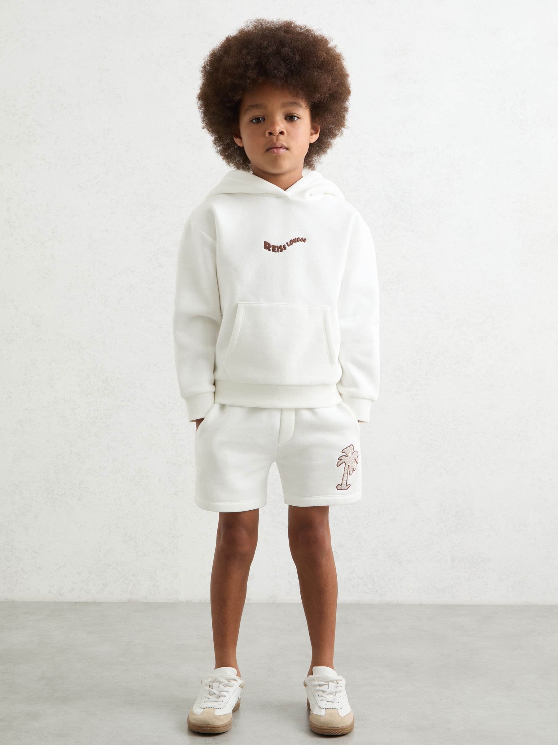 3-9 yrs Cotton Blend Palm Embroidered Shorts in Off White