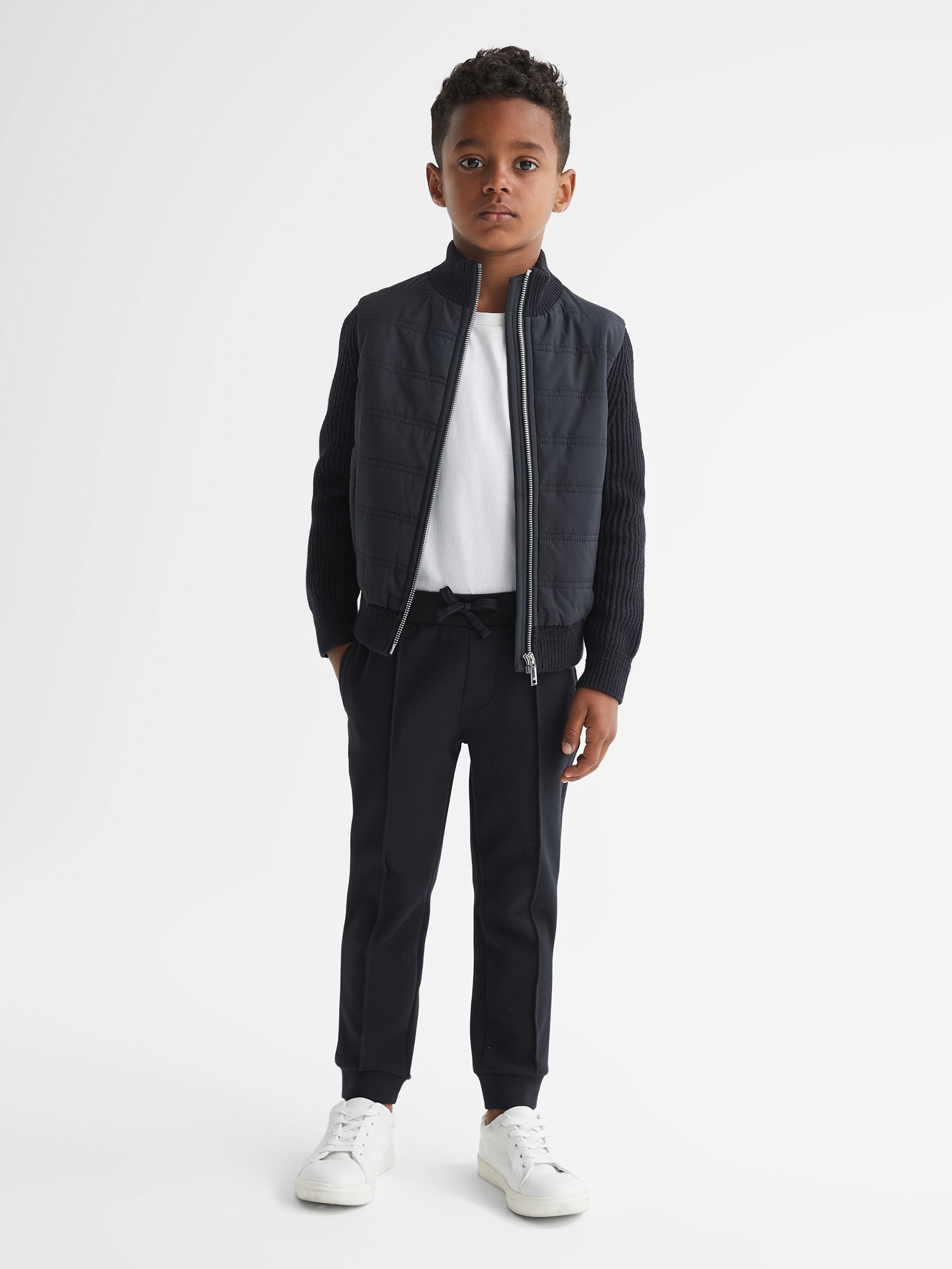 Junior Hybrid Zip Through Quilted Jacket in Navy