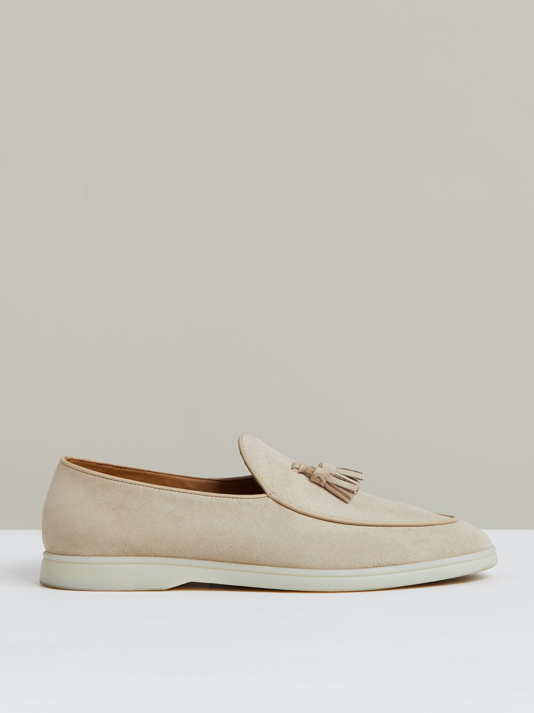 Suede Tassel Loafers in Light Stone