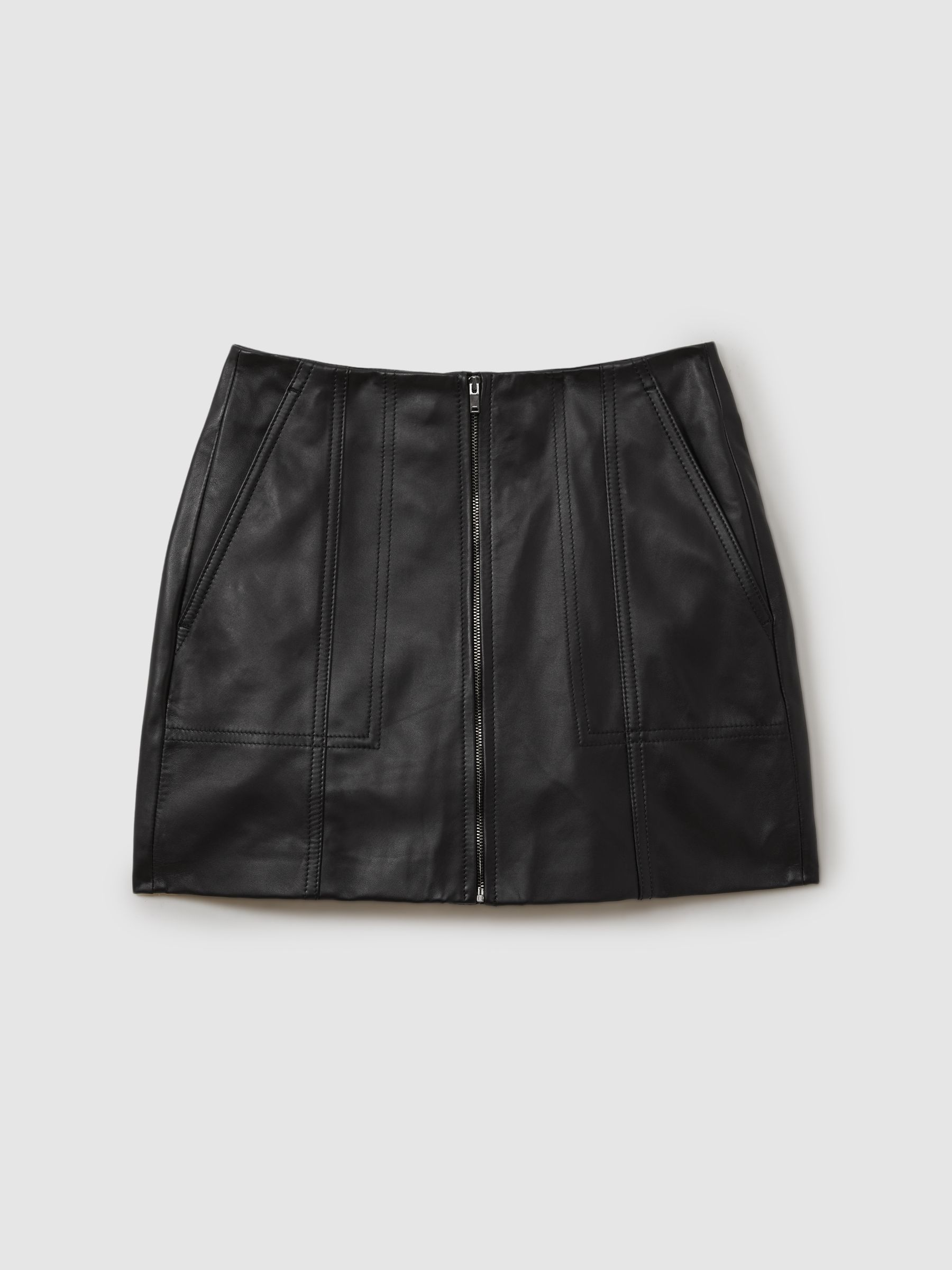 Leather Zip-Front Mini Skirt in Black