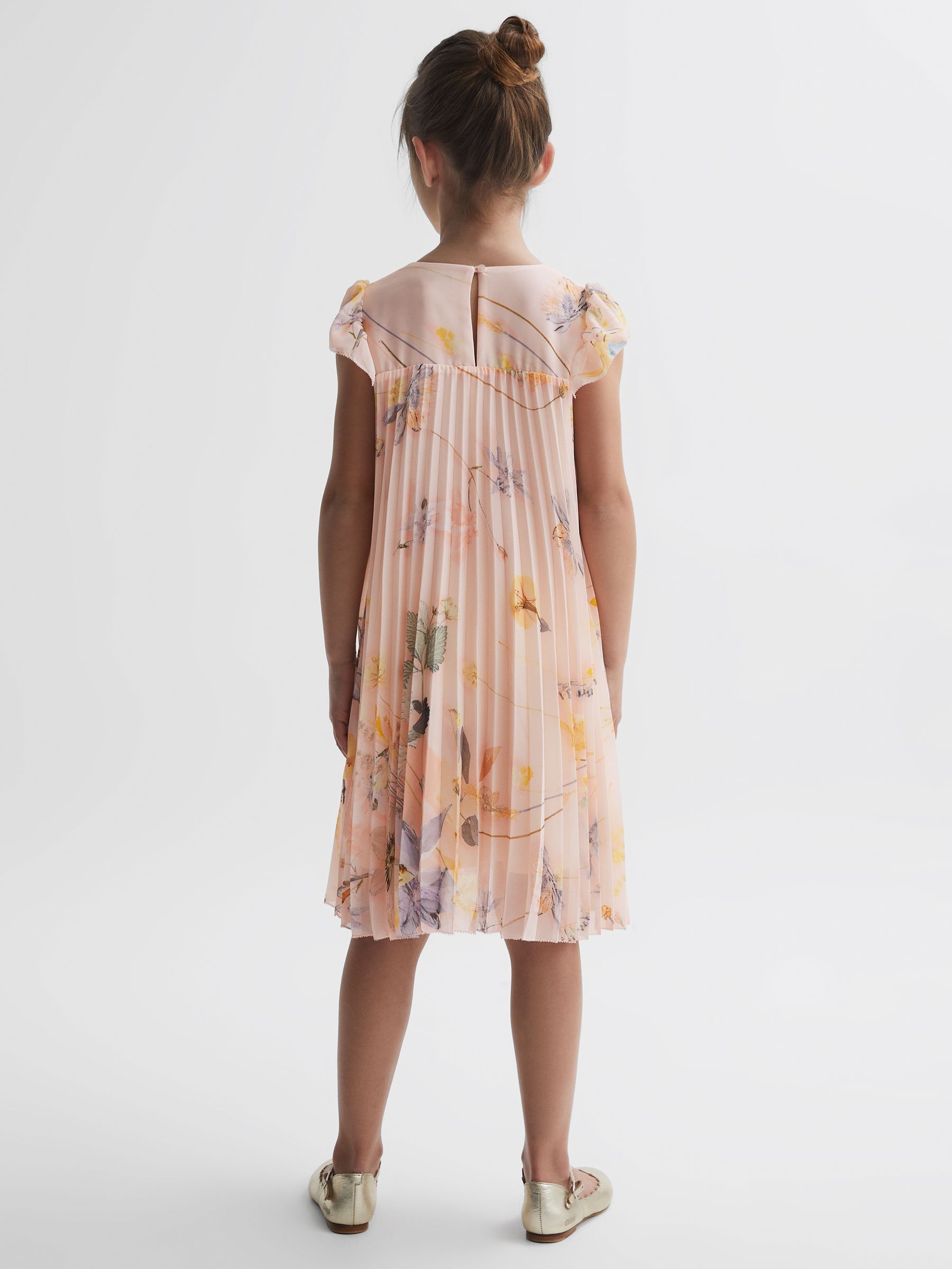 9-14 yrs Floral Pleated Cap Sleeve Dress in Pink