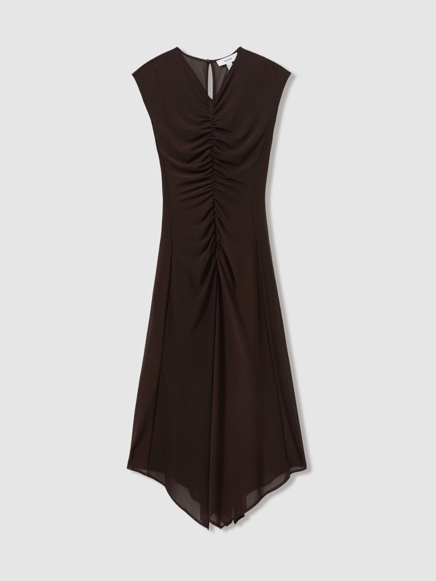 Mesh Ruched Midi Dress in Chocolate