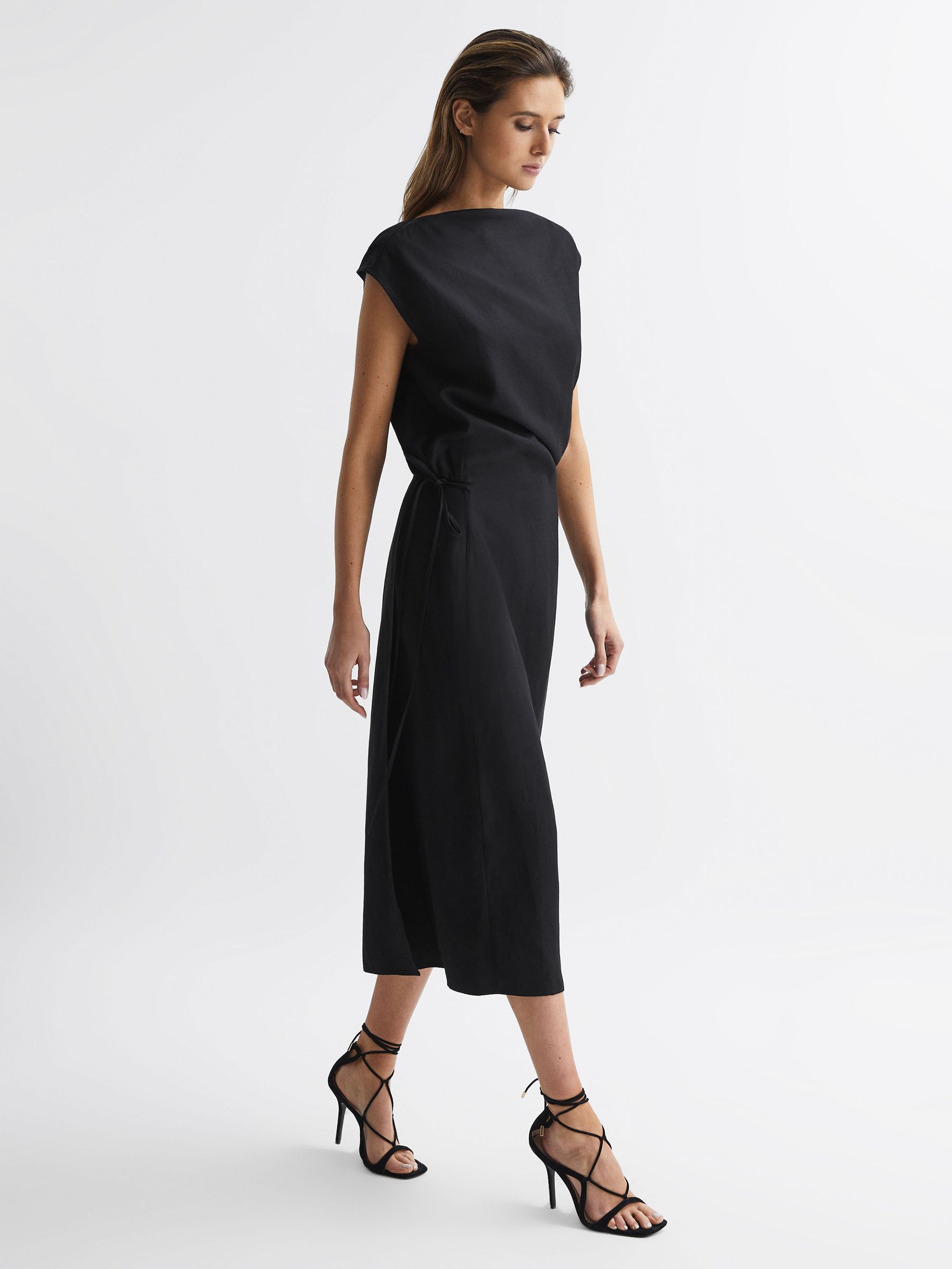 Premium Linen Blend Open-Back Midi Dress in Black