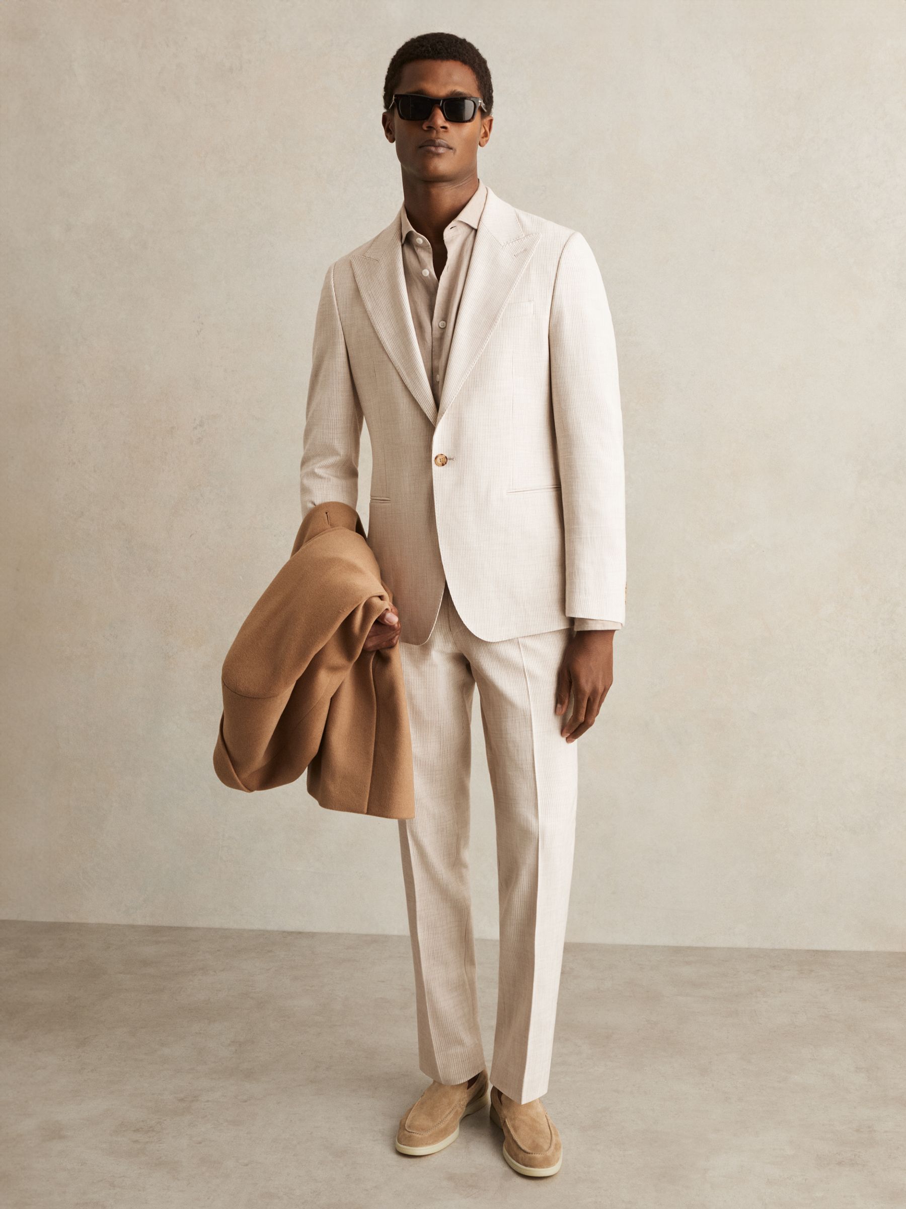 Slim Fit Single Breasted Pinstripe Suit Blazer in Oatmeal/White