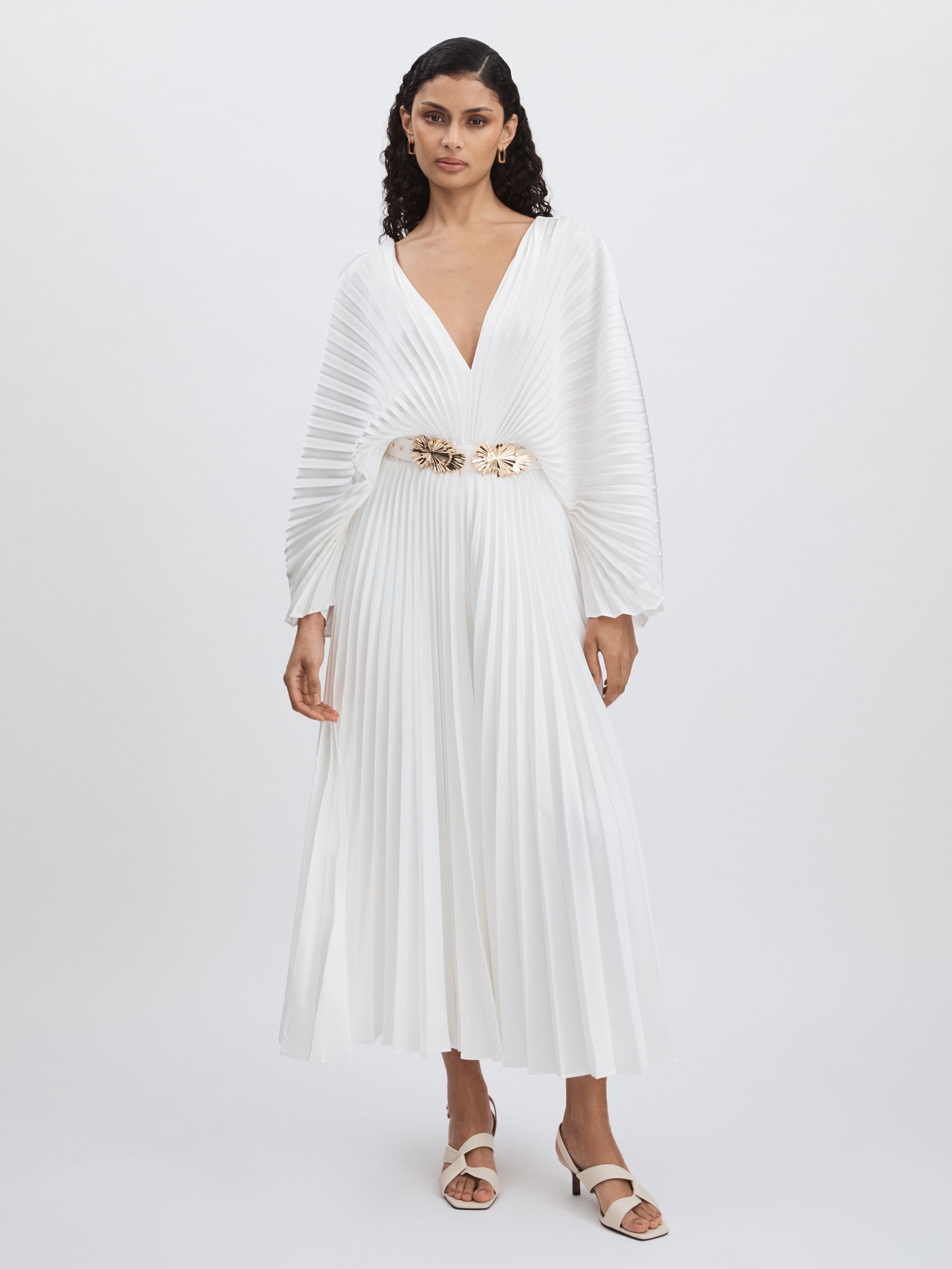 Wonastow Pleated Maxi Dress with Belt in Cream