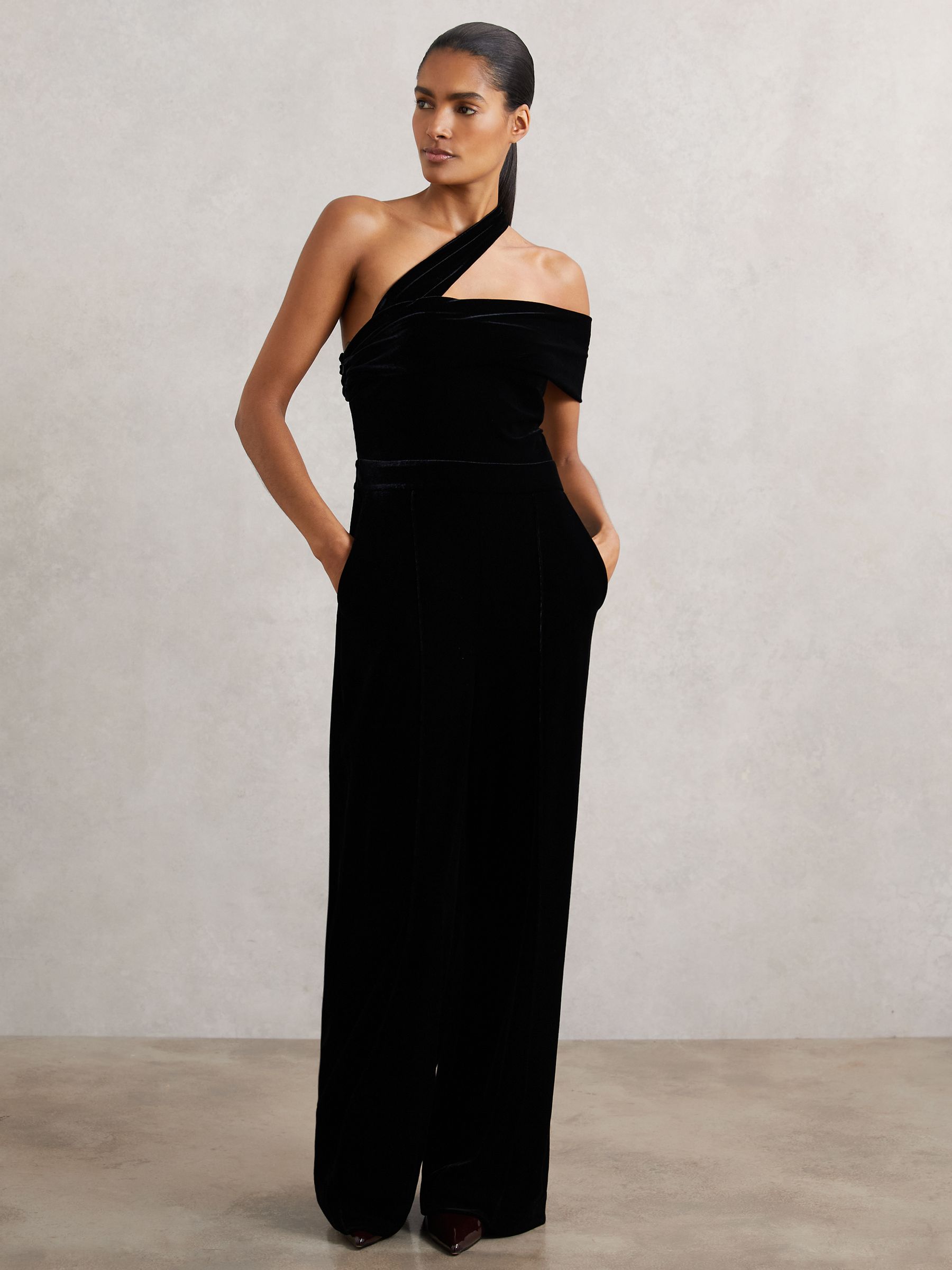 Velvet One-Shoulder Wide-Leg Jumpsuit in Black