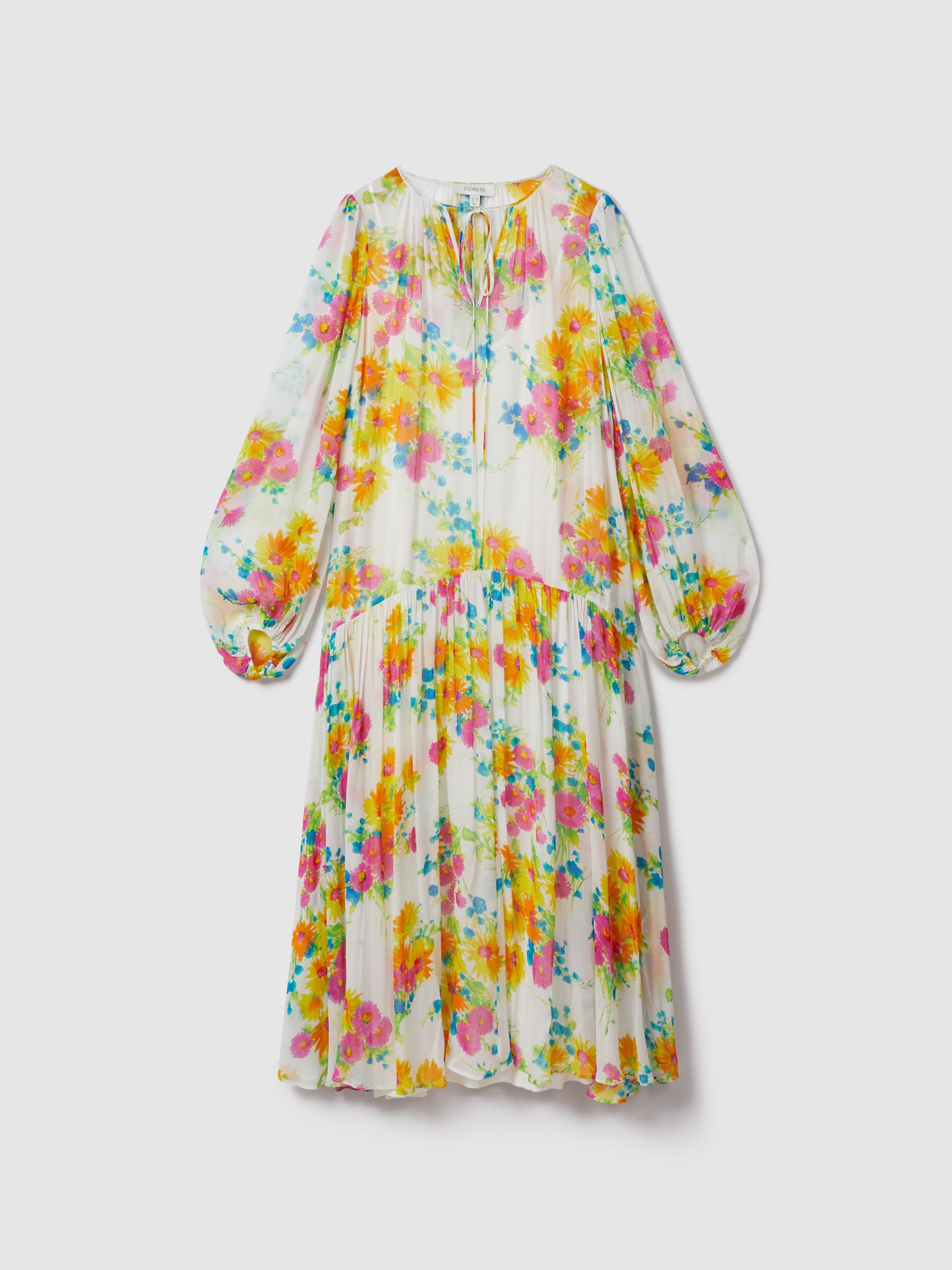 Florere Printed Tie Neck Midi Dress in Ivory/Multi
