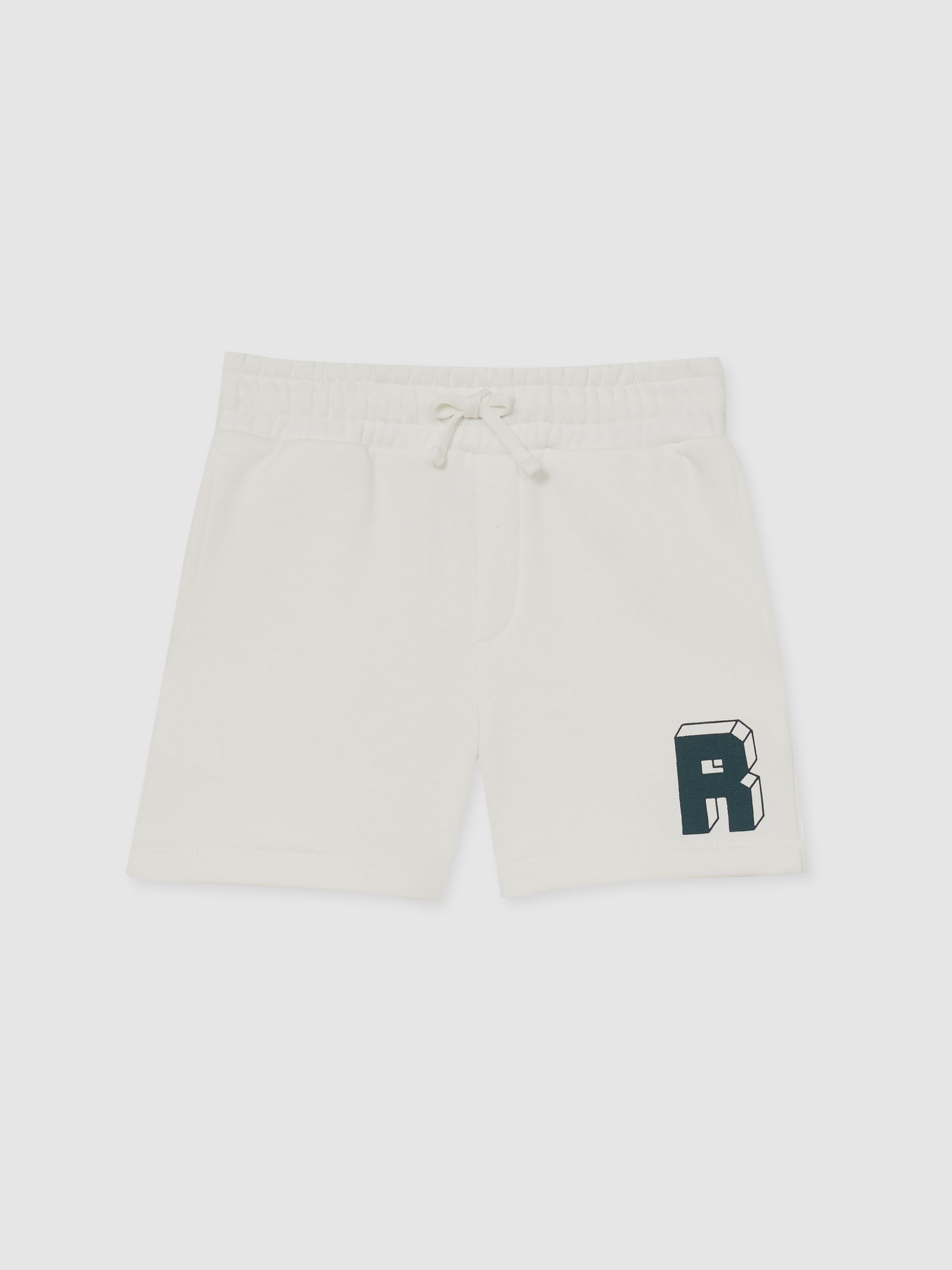 9-13 yrs Jersey Drawstring R Print Shorts in Off White/Forest Green