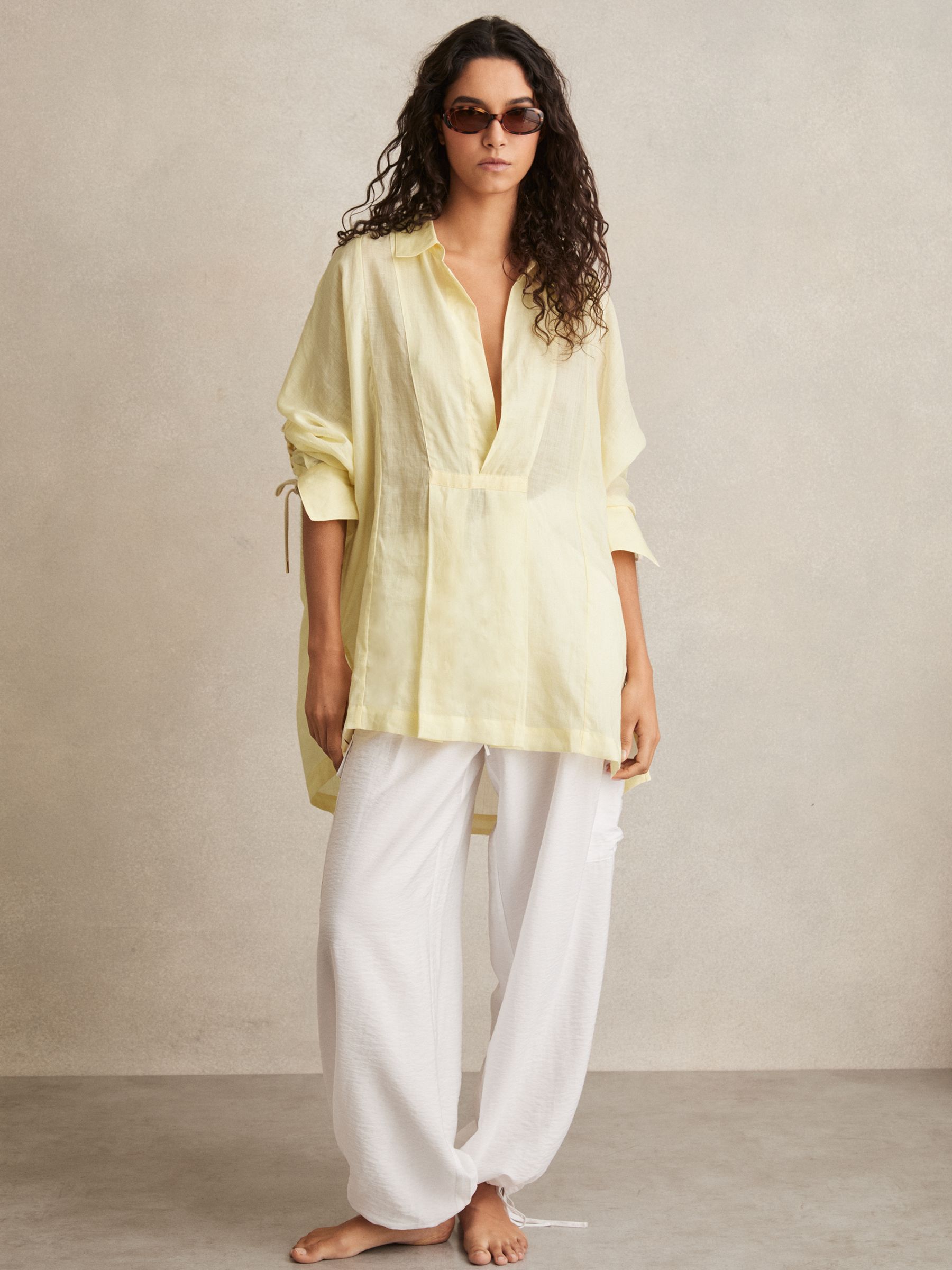 Ramie Open-Collar Kaftan Shirt in Yellow
