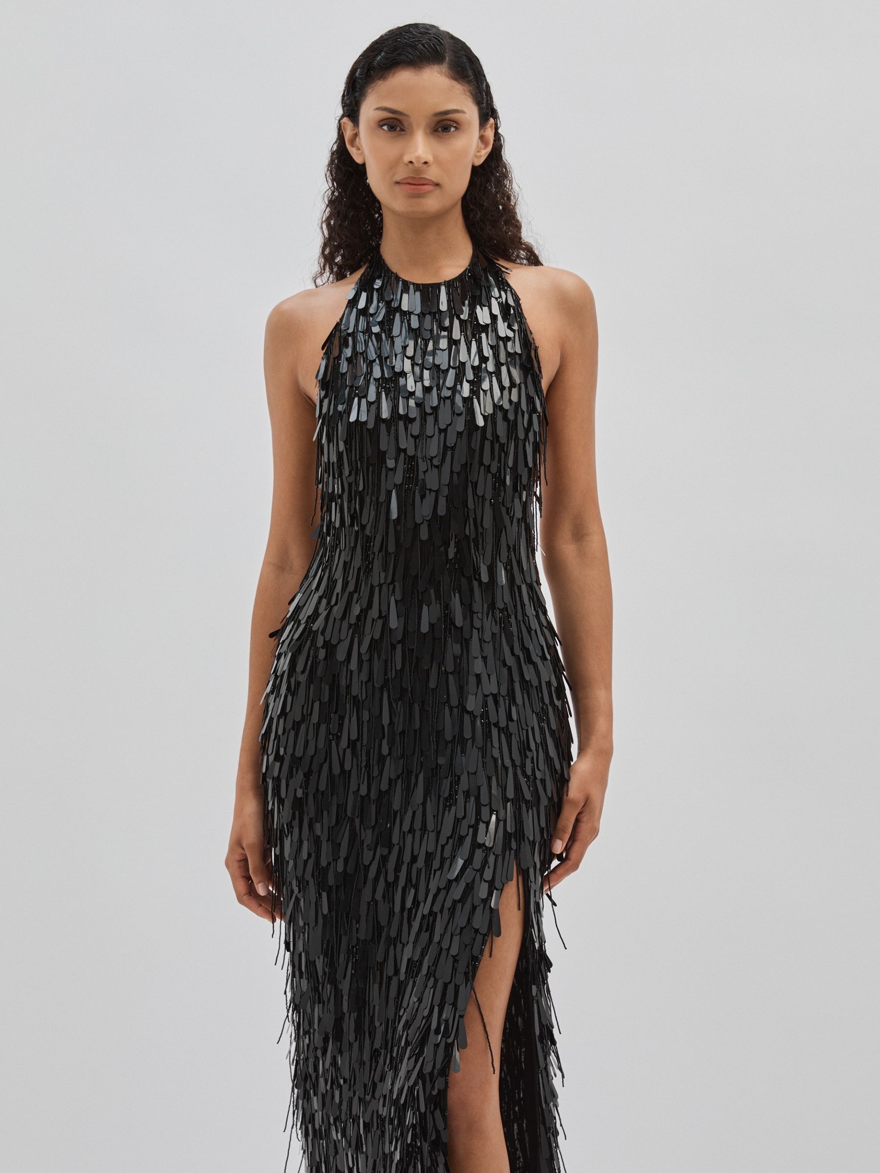 ILTA Sequinned and Beaded Halter-Neck Dress in Black