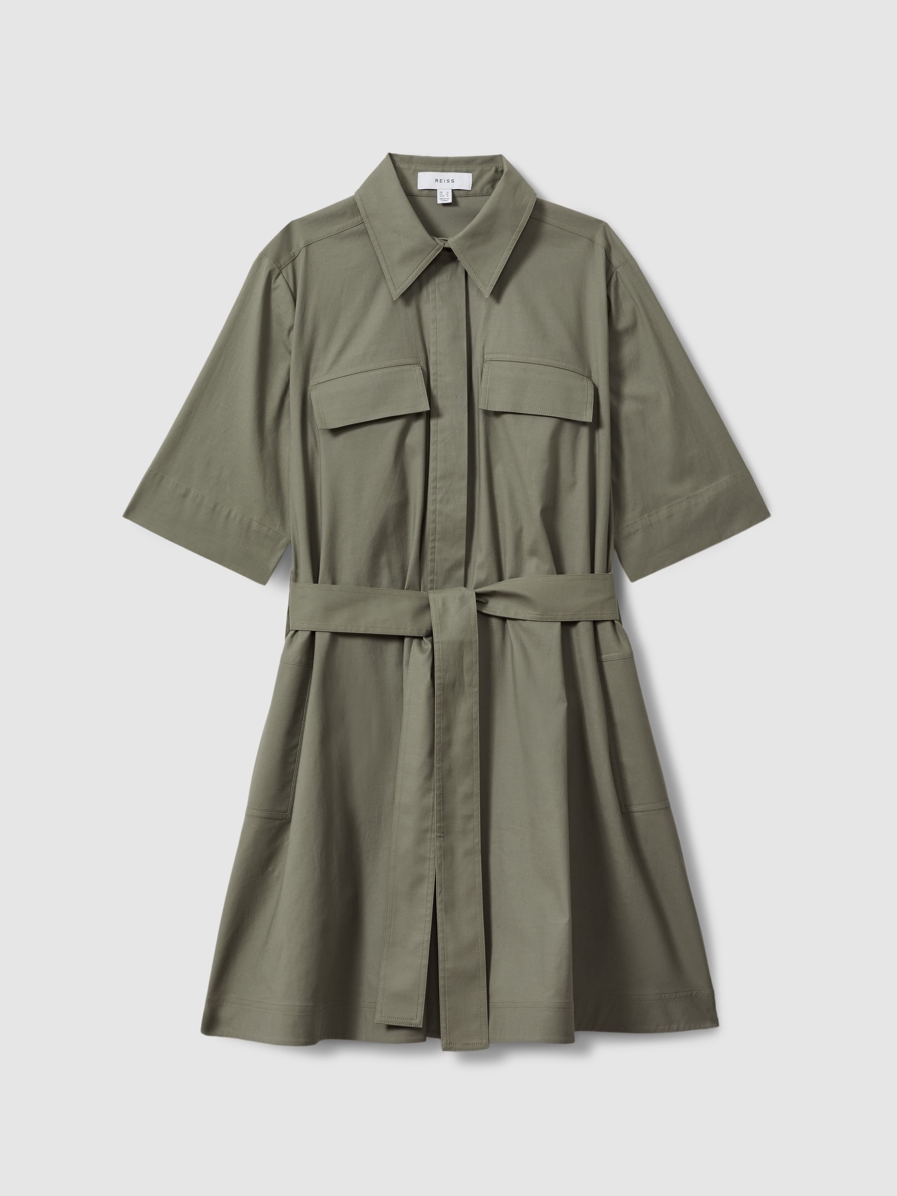 Pleated Belted Mini Dress in Khaki