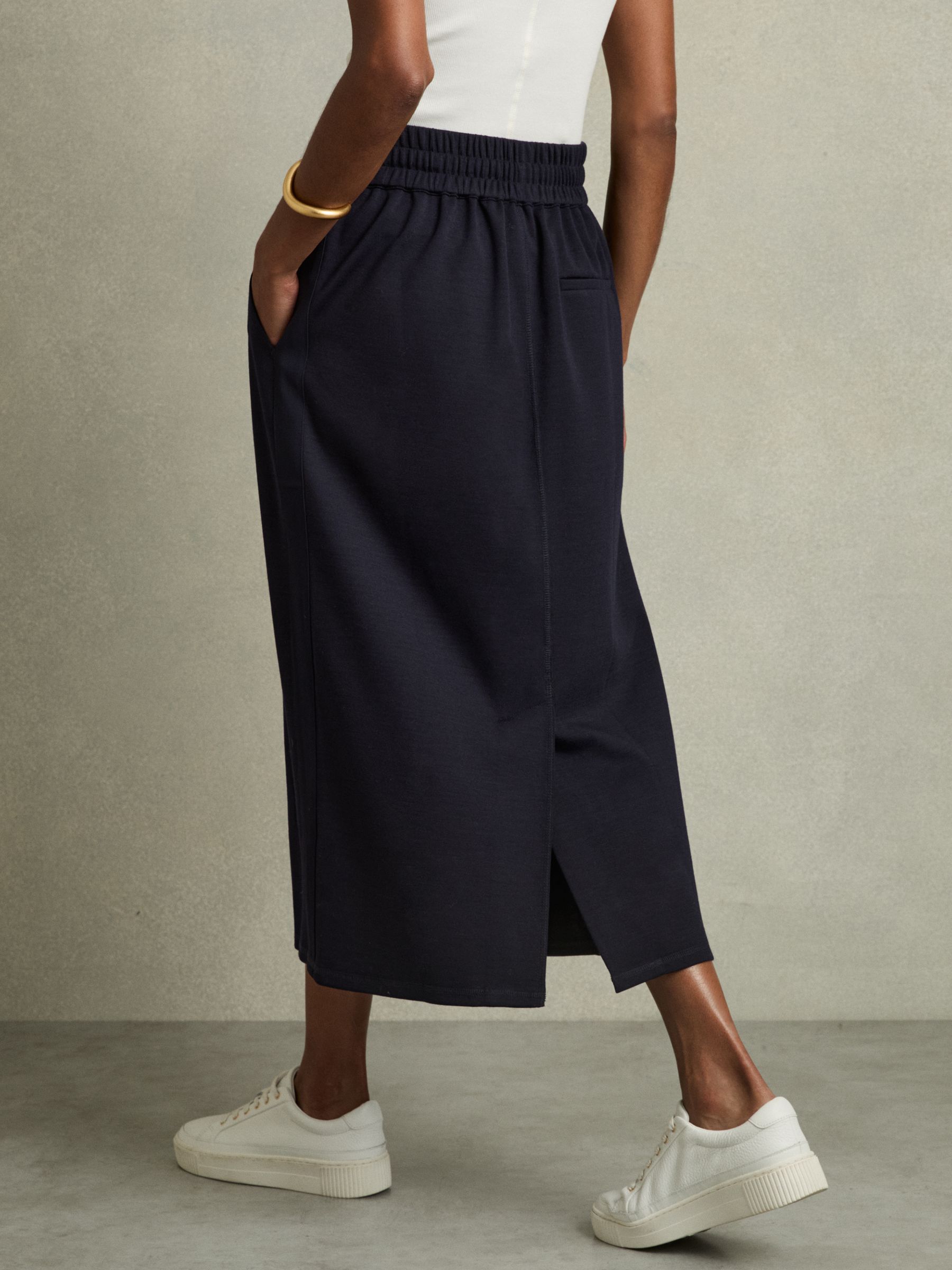 Wool-Blend Ruched Jersey Midi Skirt in Navy