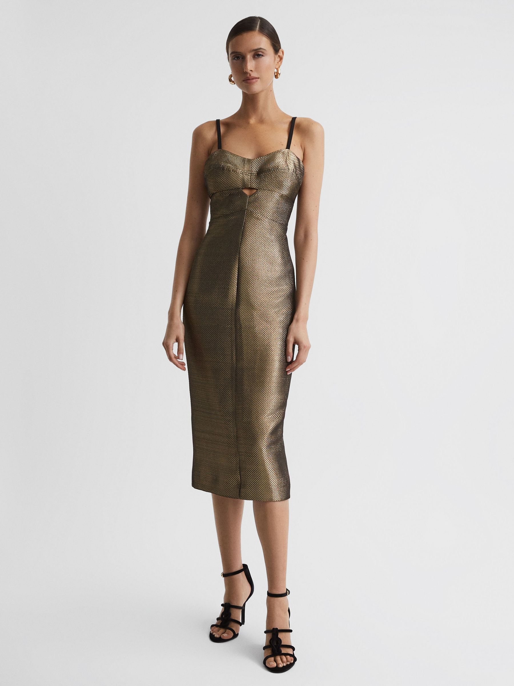Metallic Bodycon Midi Dress in Gold