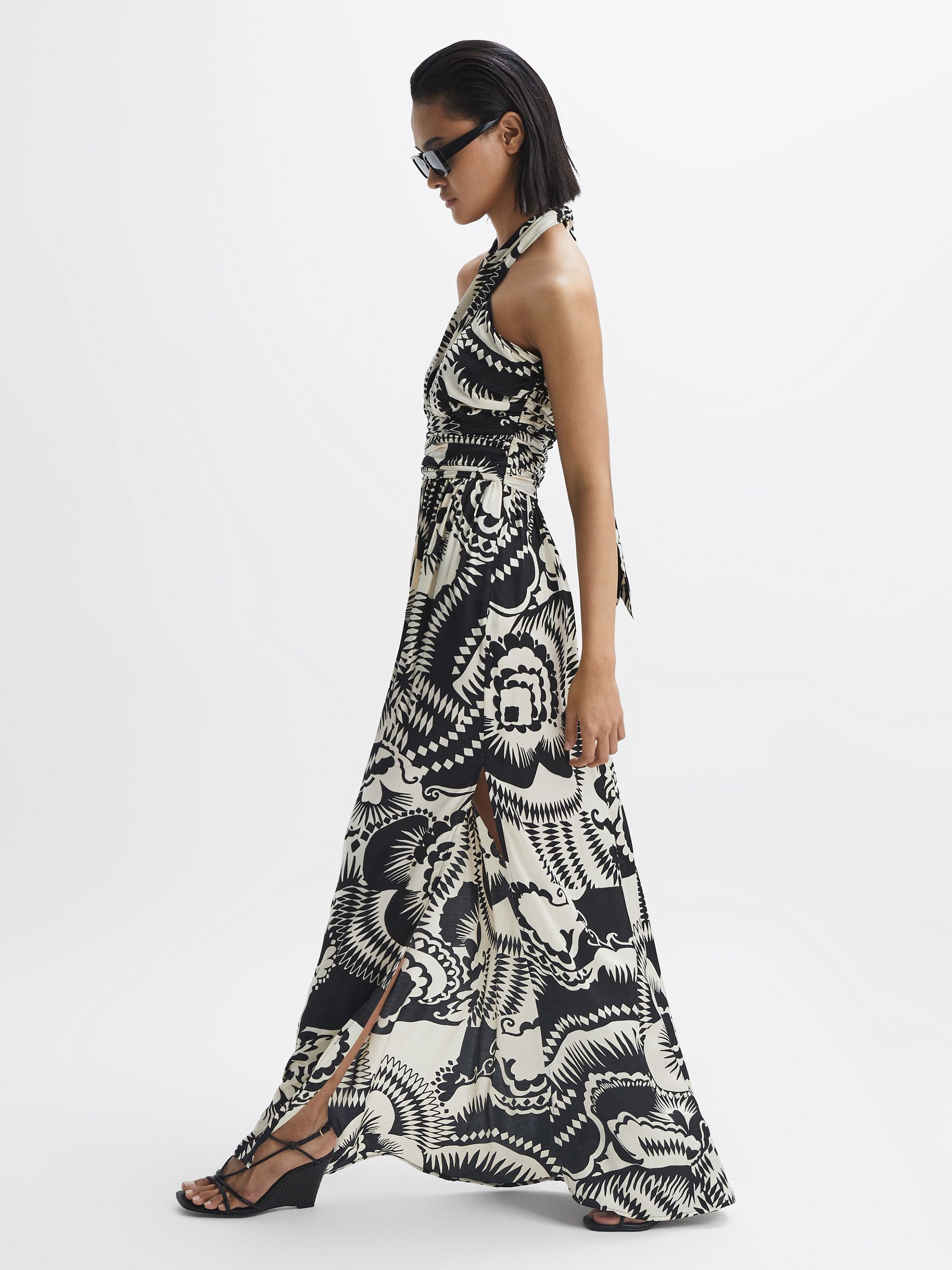 Printed Halter Neck Maxi Dress in Black/White
