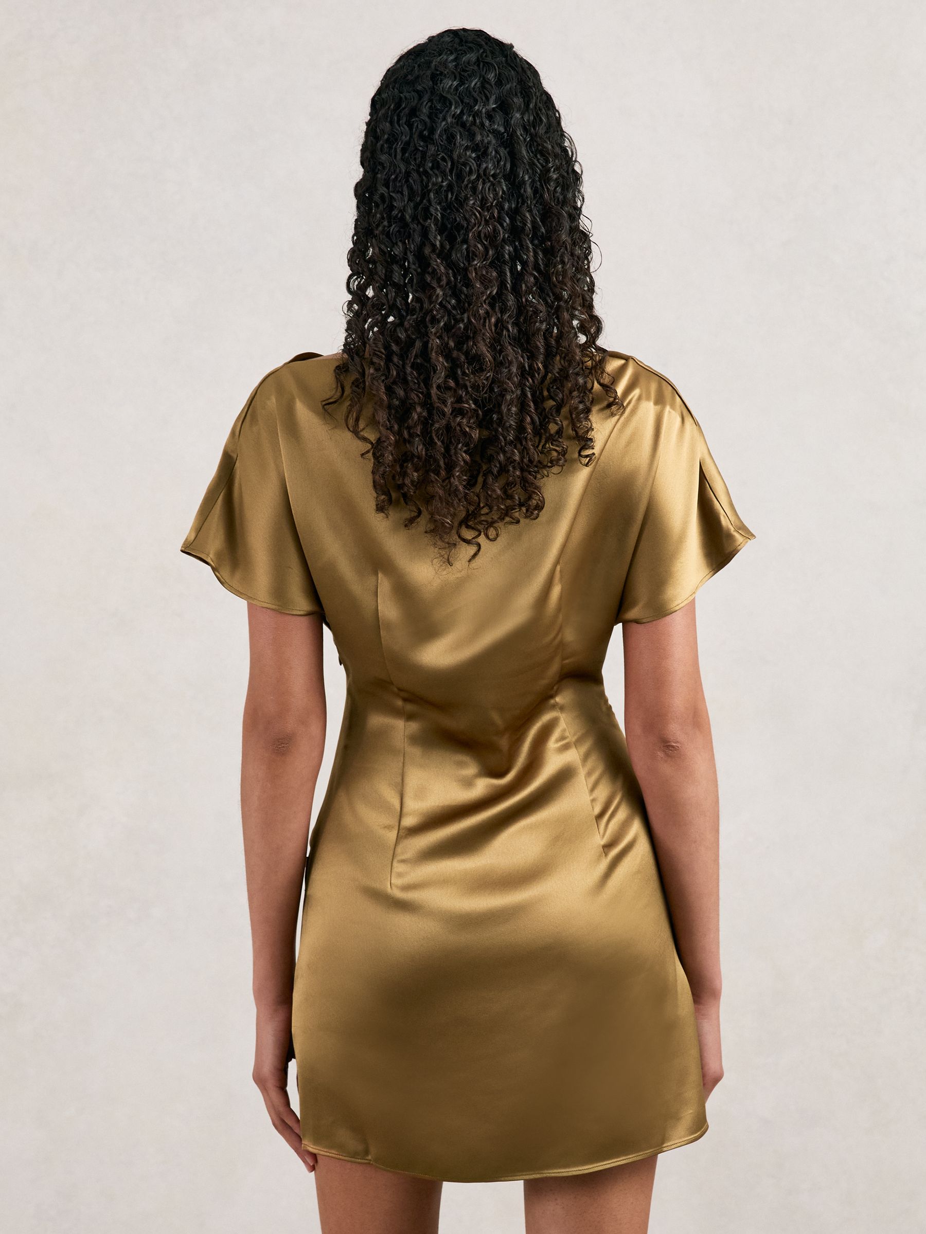 Acler Draped Satin Mini Dress in Gold Moss