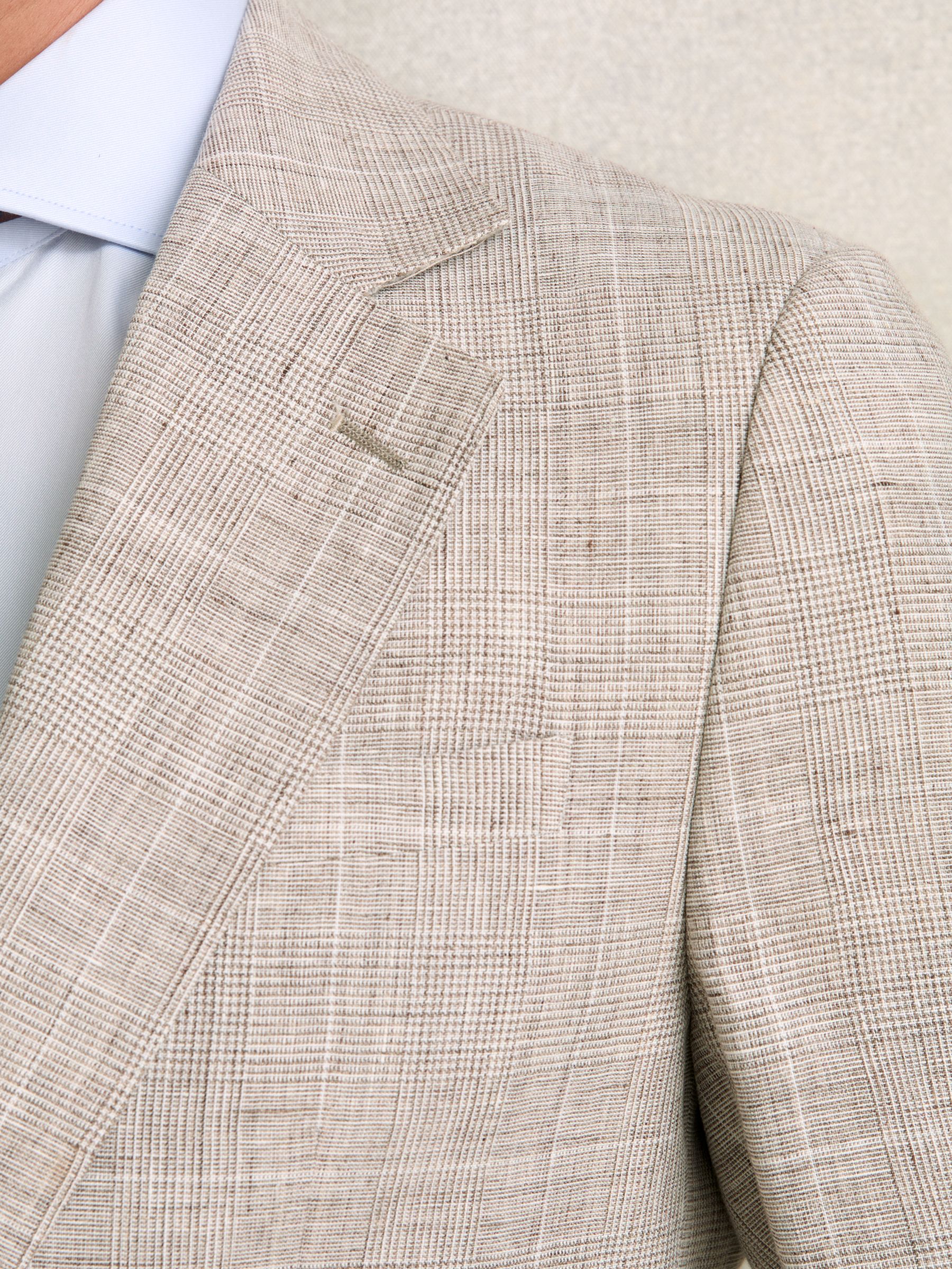 Slim Fit Linen Single Breasted Check Suit Blazer in Oatmeal