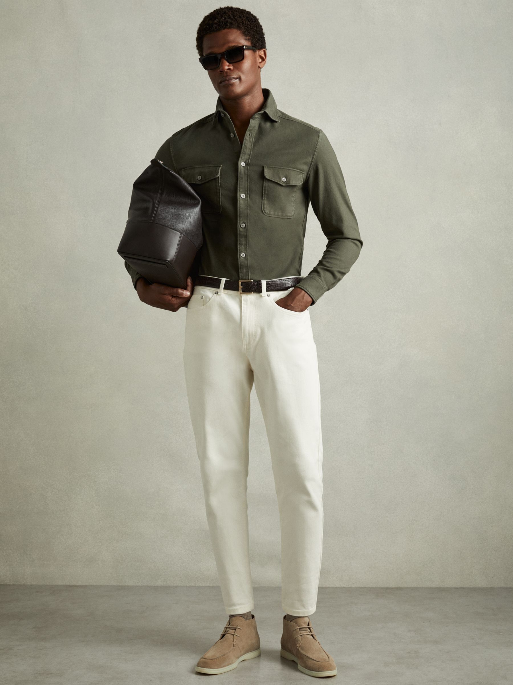 Cotton Blend Canvas Overshirt in Khaki Green