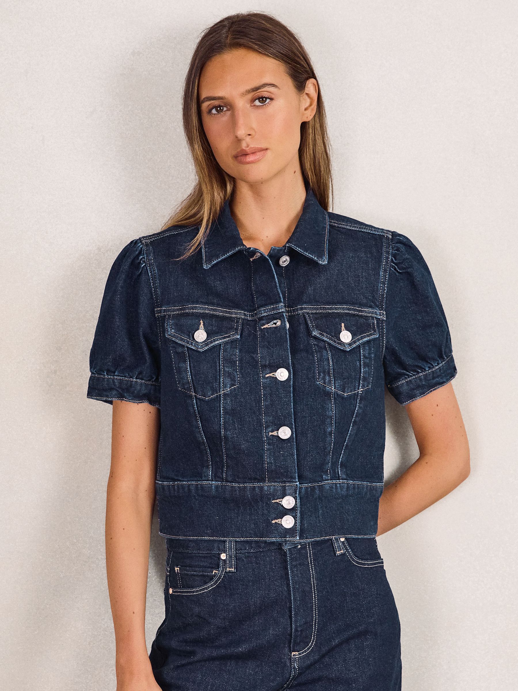 Paige Puff-Sleeve Short Denim Jacket in Emberlynn Blue