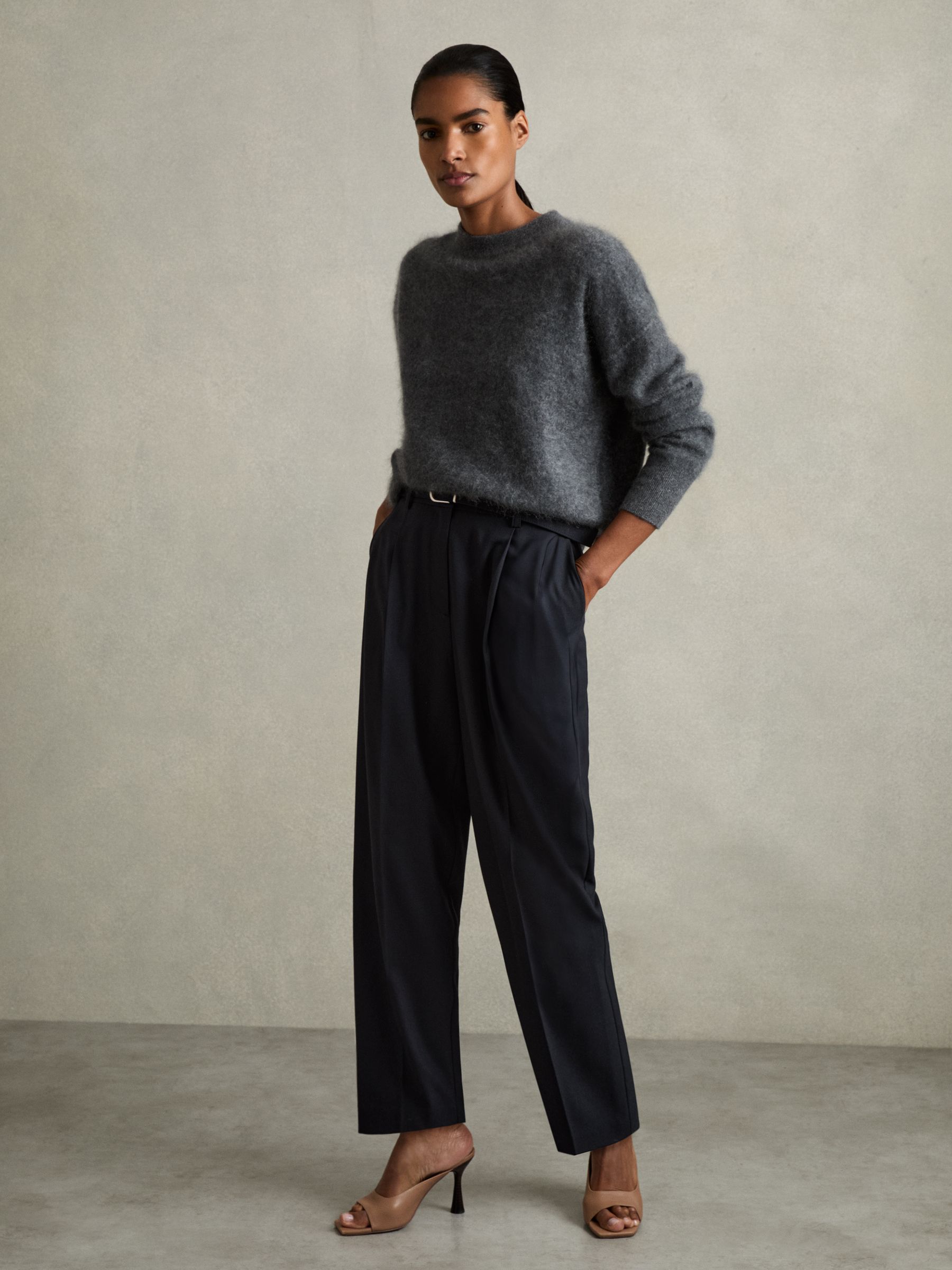Tapered Belted Trousers in Navy