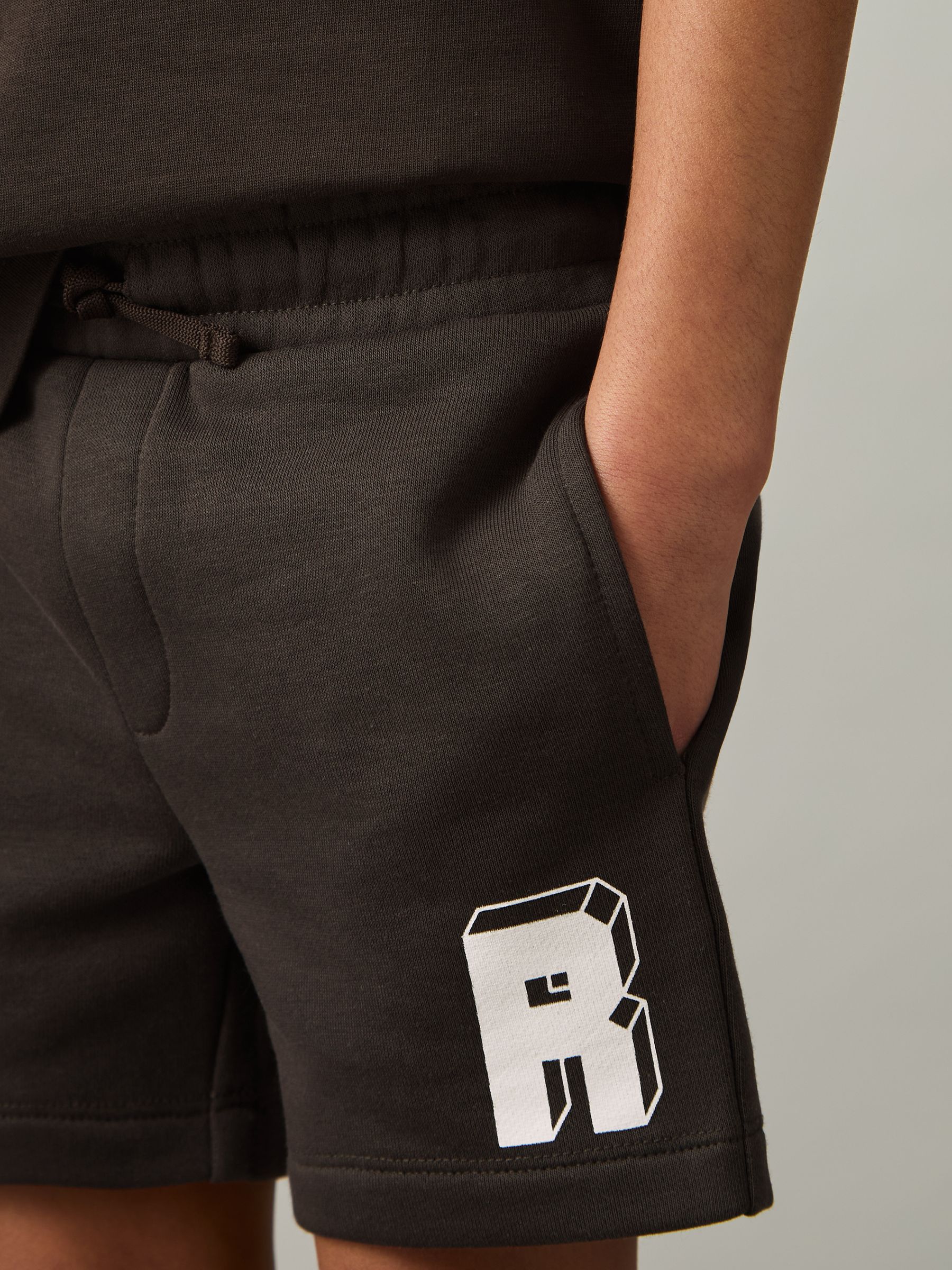 13-14 yrs Jersey Drawstring R Print Shorts in Chocolate Brown / Off White