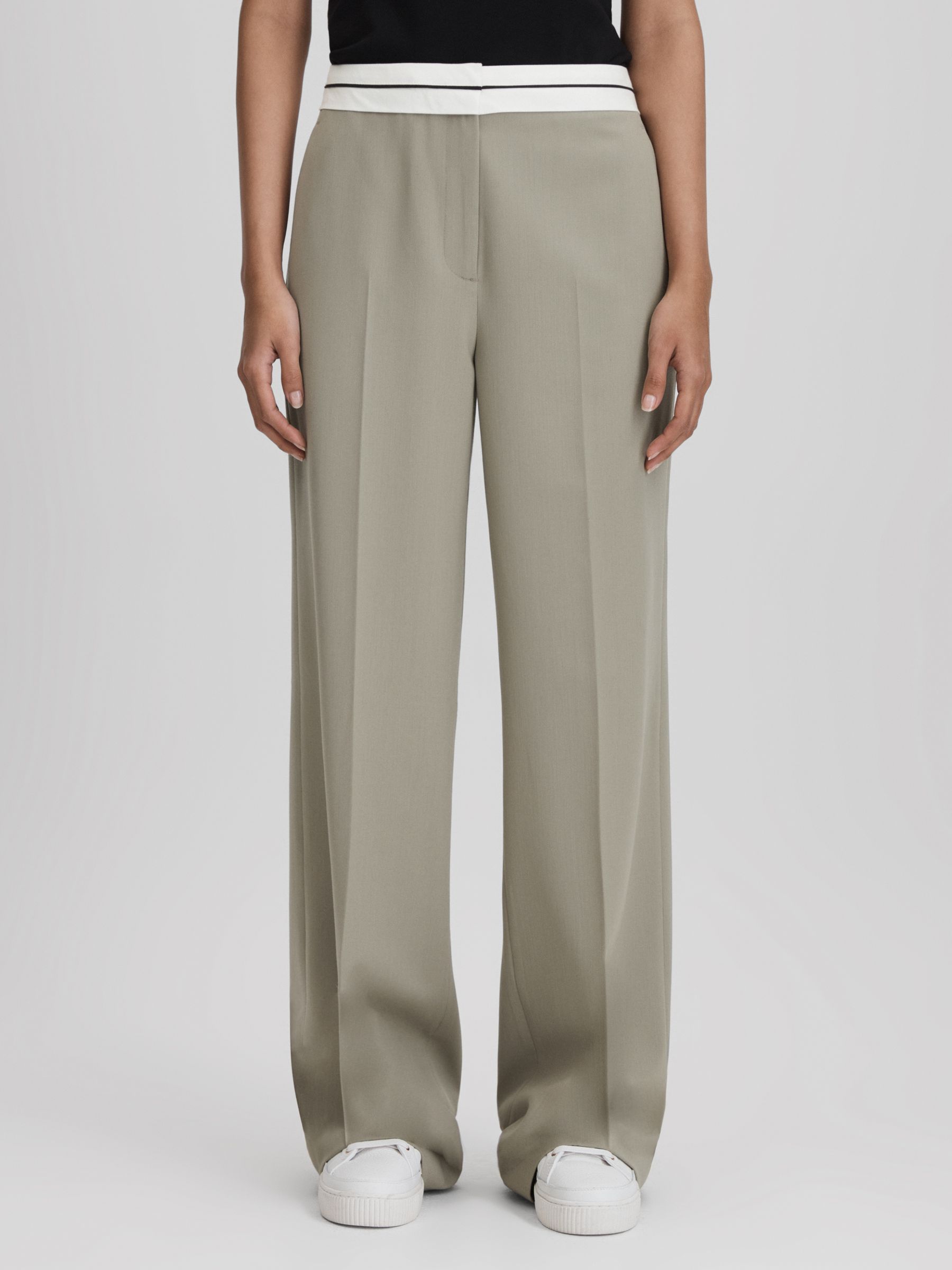 Contrast Waistband Wide Leg Suit Trousers in Green