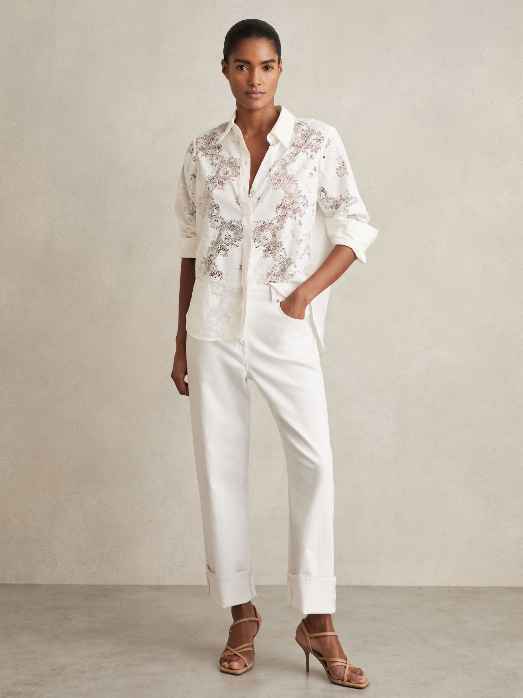 Lace-Front Shirt With Cotton in Ivory