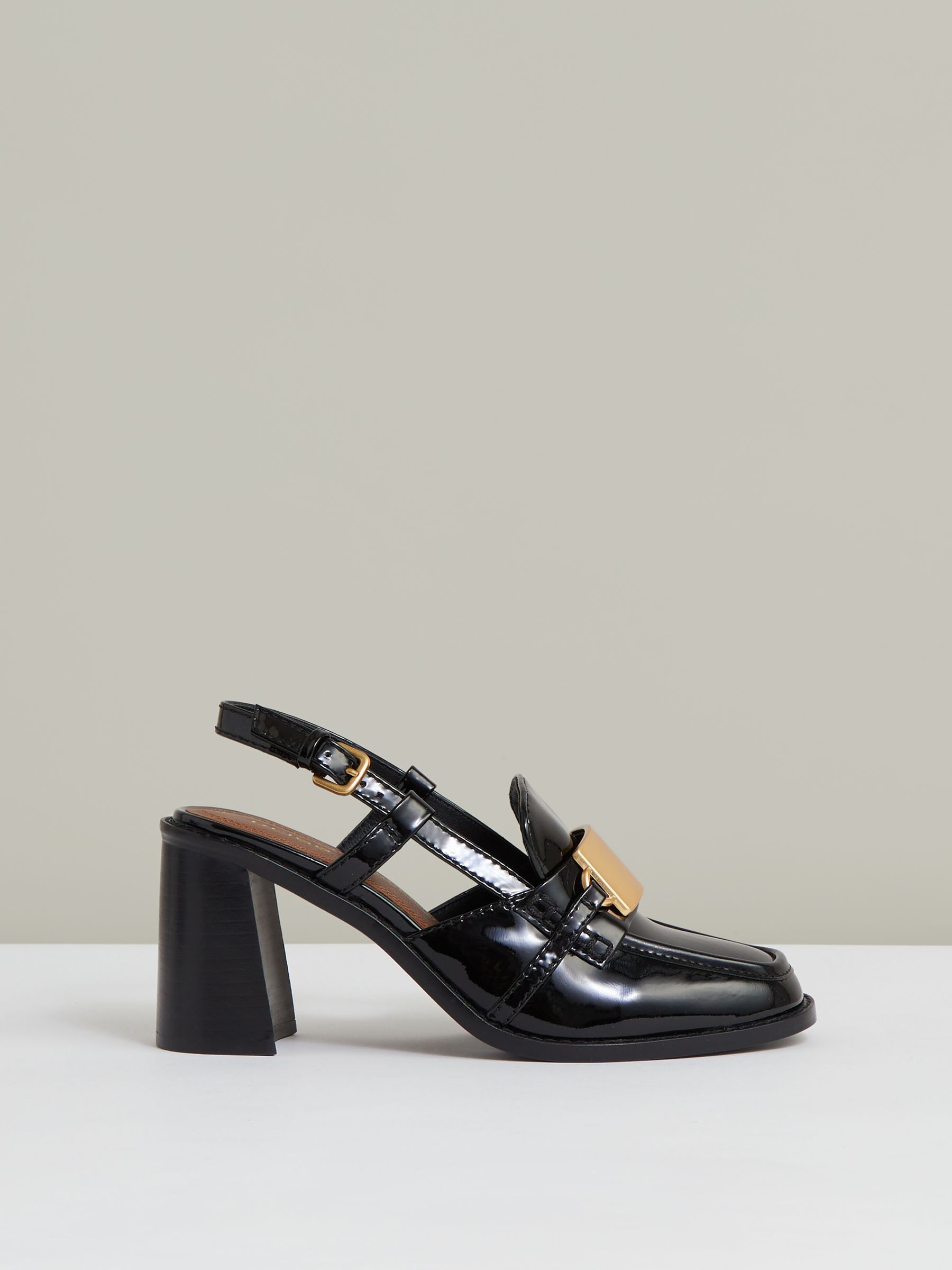 Patent Leather Slingback Heeled Loafers in Black