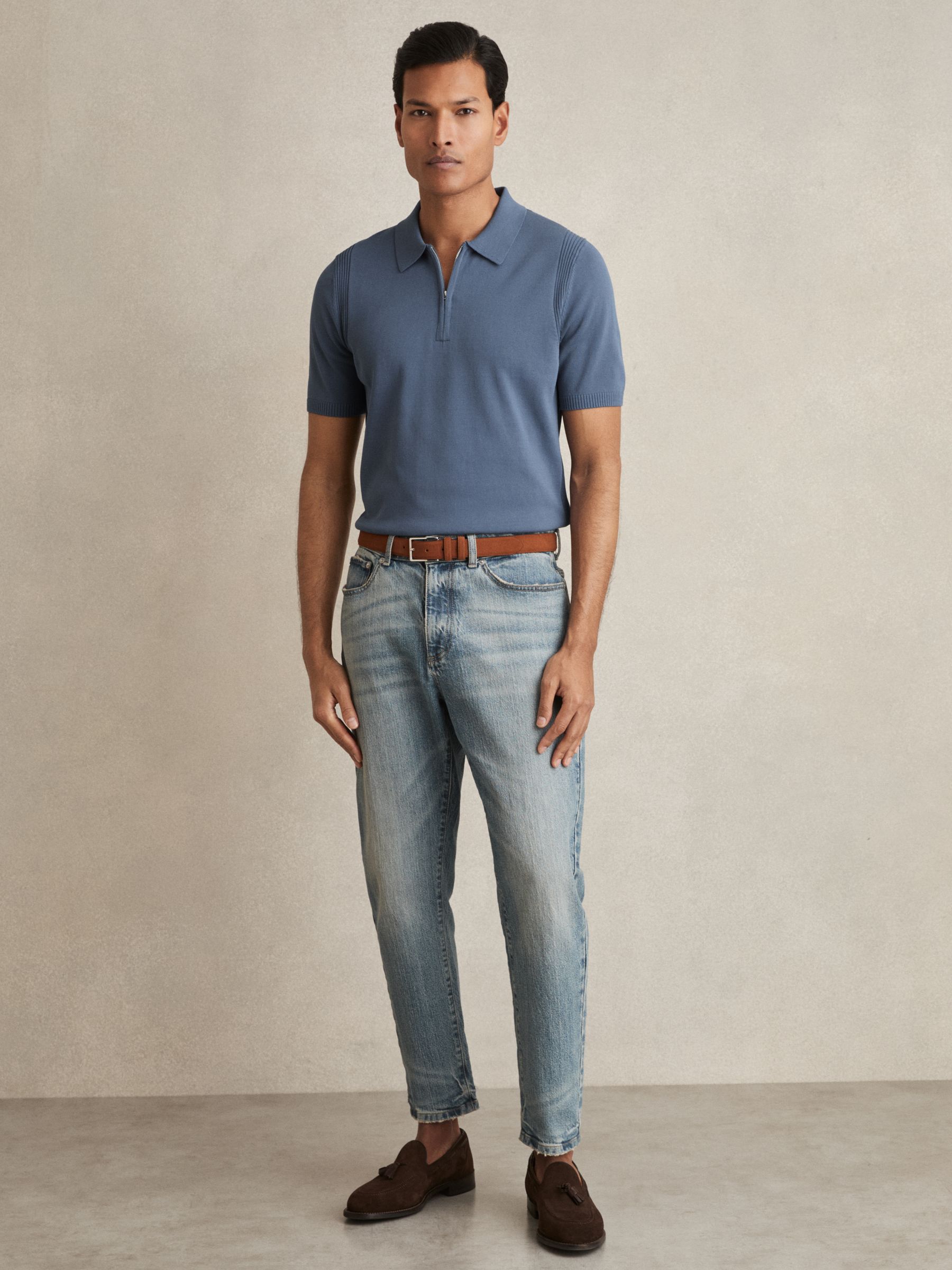 Cotton Half-Zip Knitted Polo Shirt in Airforce Blue