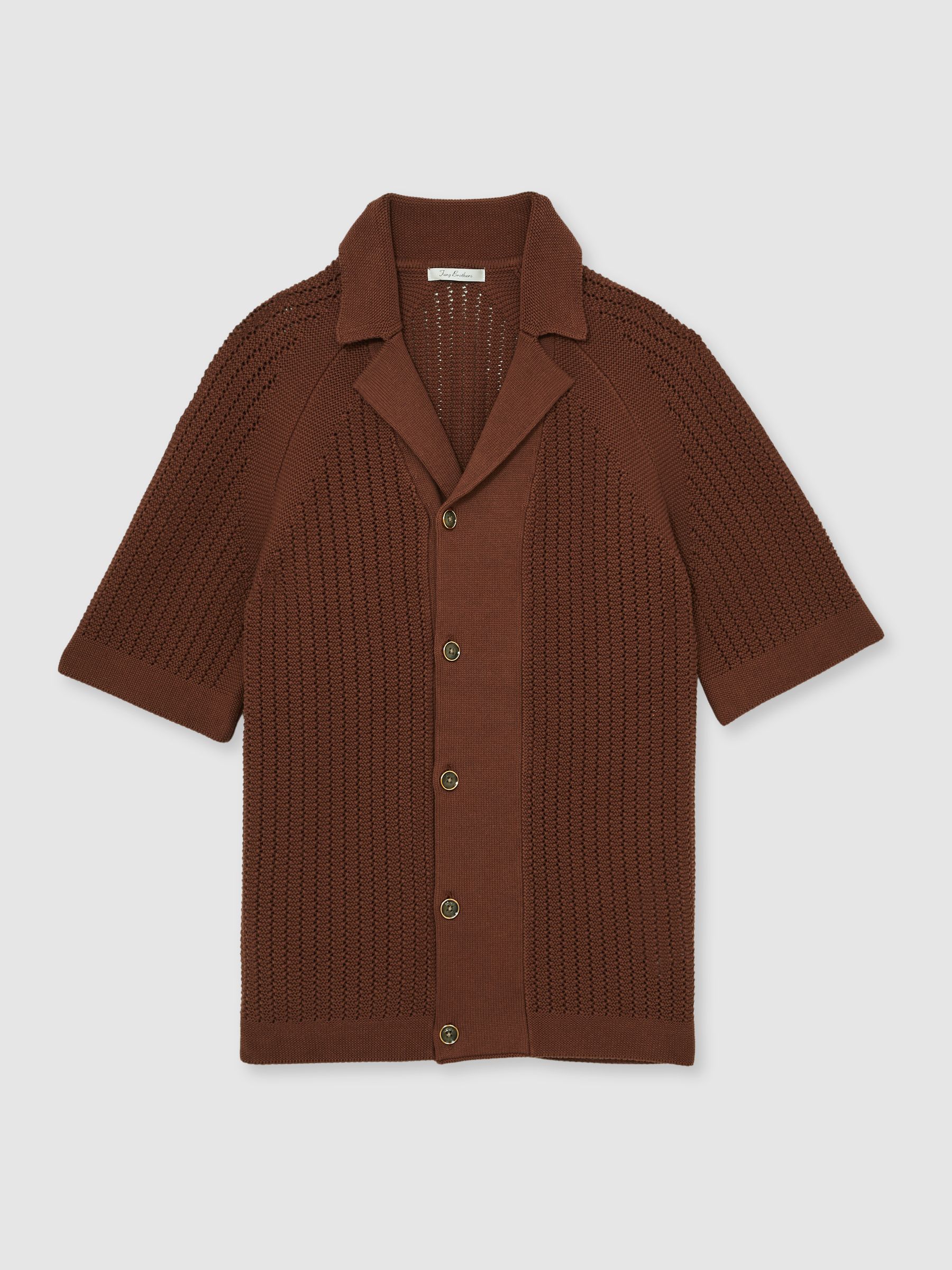 Cotton Textured-Knit Cuban-Collar Shirt in Tobacco Brown