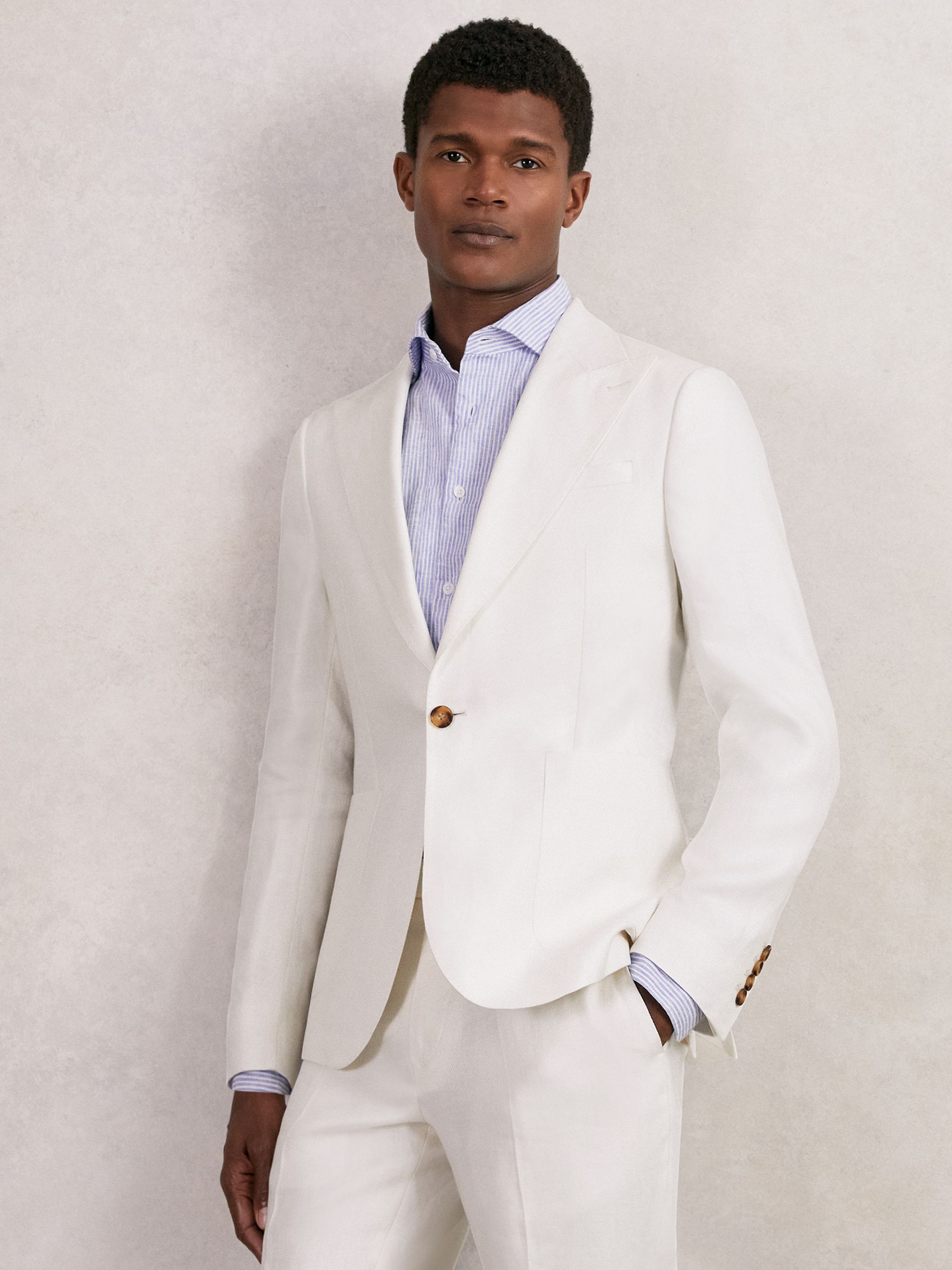 Slim Fit Lyocell Linen Single Breasted Suit Blazer in White