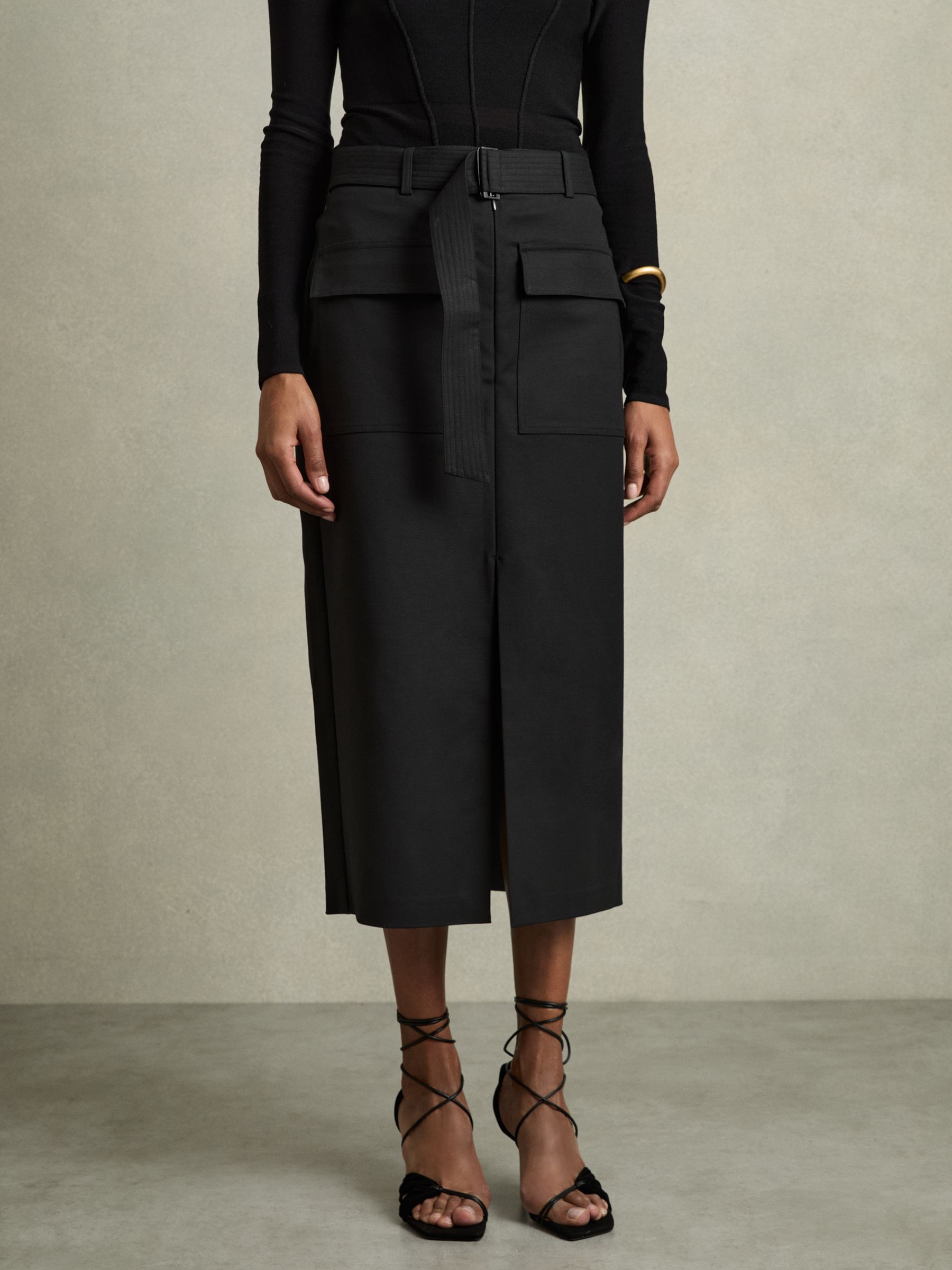 Cargo Pencil Skirt With Cotton in Black