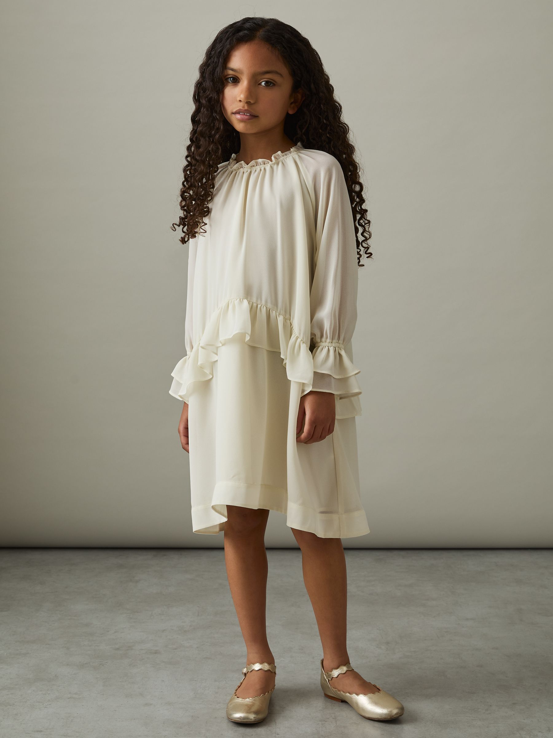 13-14 yrs Chiffon Ruffle-Trim Dress in Ivory