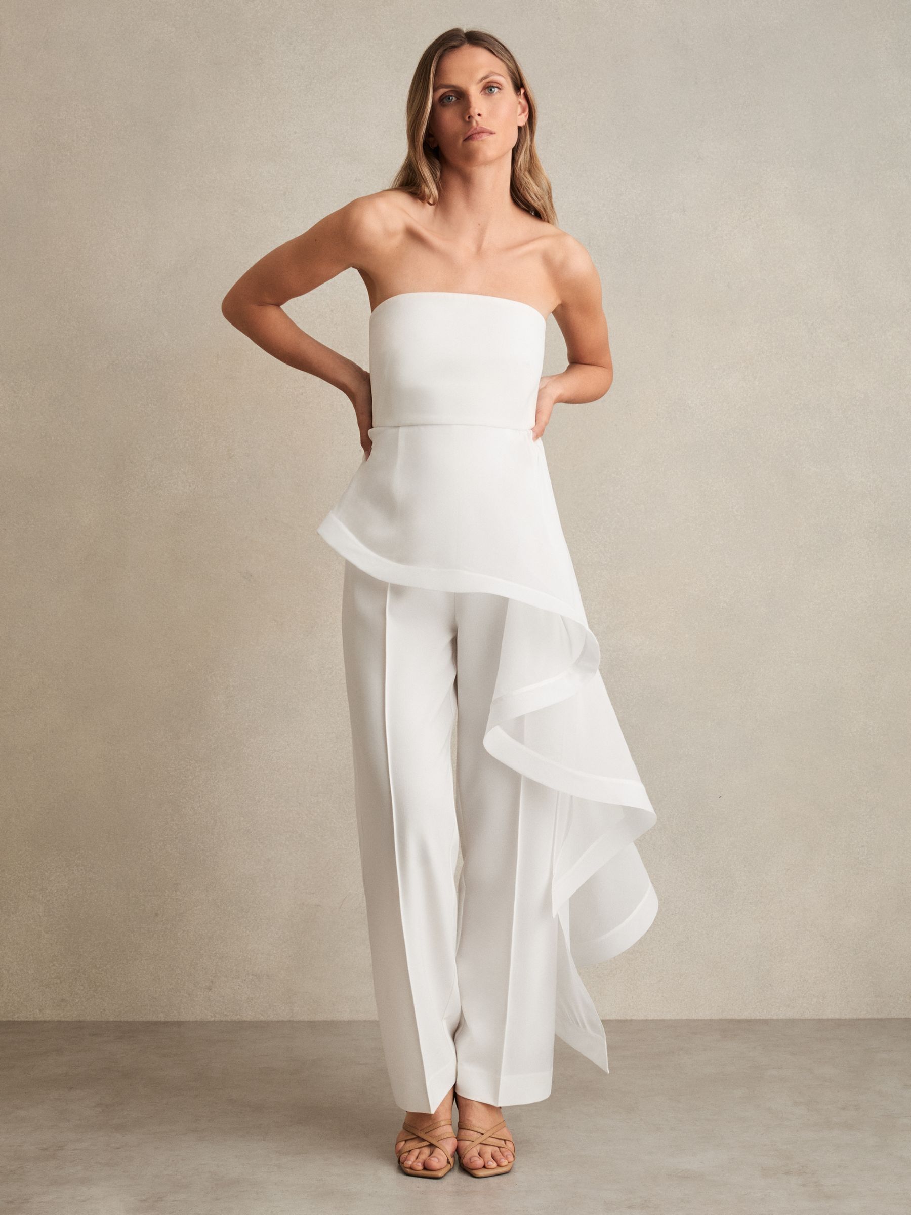 Silk Ruffle Bandeau Wide-Leg Jumpsuit in Ivory