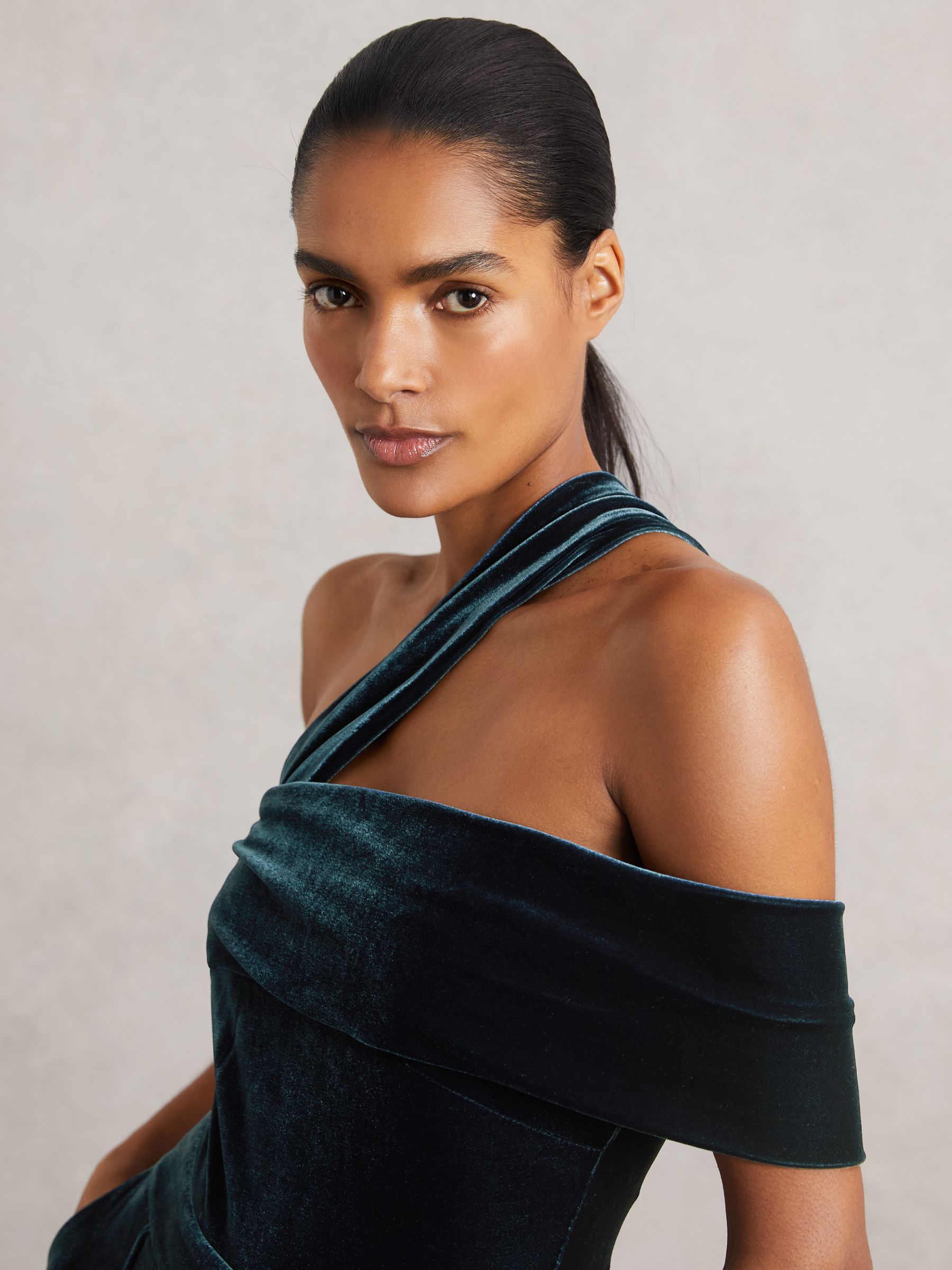 Velvet One-Shoulder Wide-Leg Jumpsuit in Teal Green